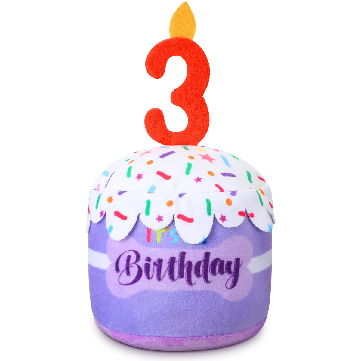 Dansydaisy Dog 3rd Birthday Cake Toy – Purple Squeaky Plush for All Dogs