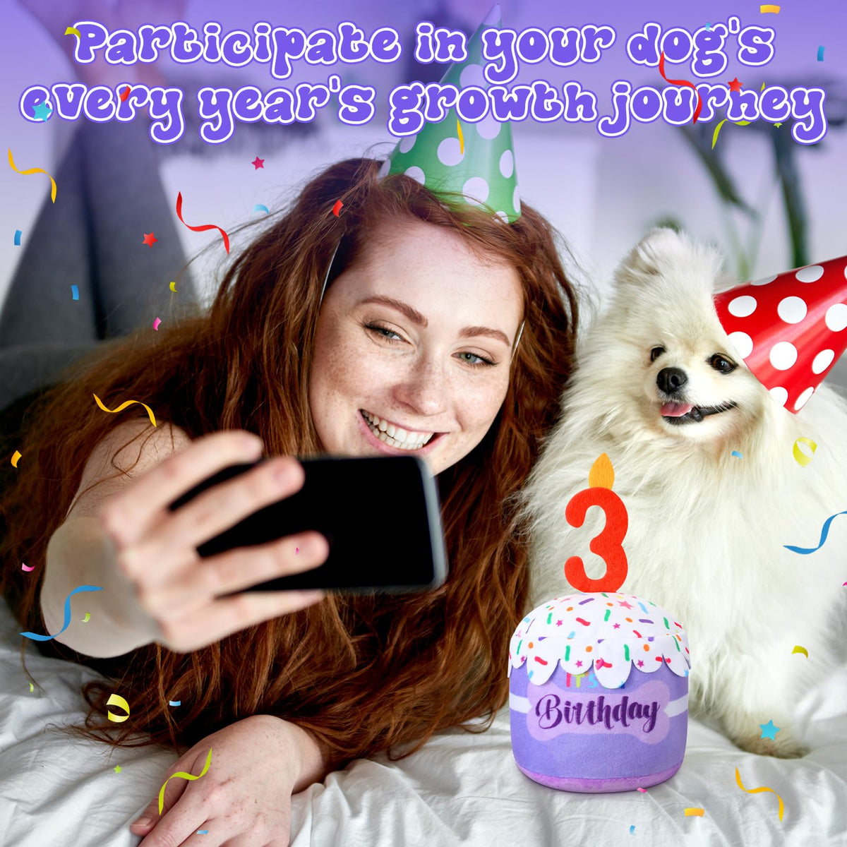 Dansydaisy Dog 3rd Birthday Cake Toy – Purple Squeaky Plush for All Dogs