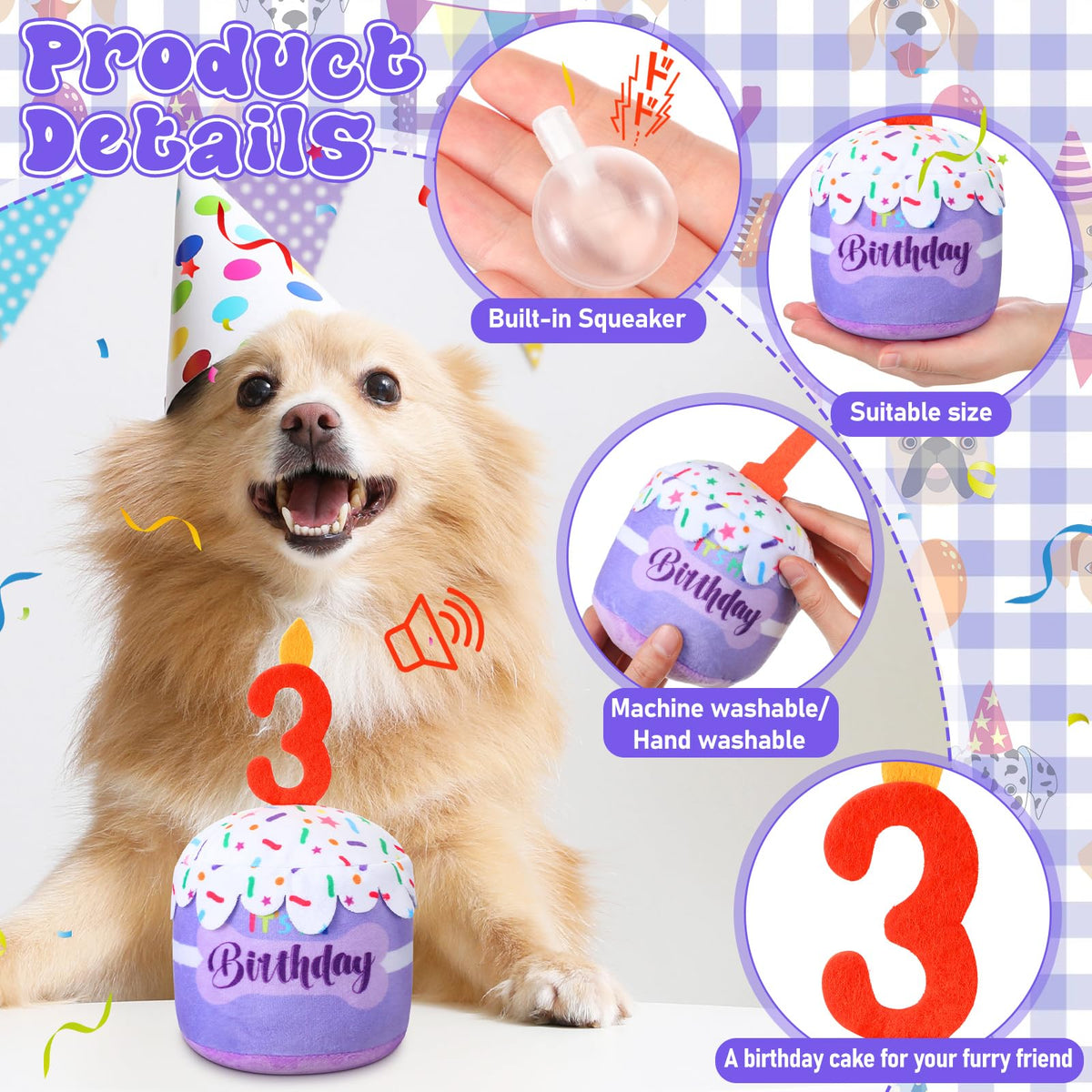 Dansydaisy Dog 3rd Birthday Cake Toy – Purple Squeaky Plush for All Dogs