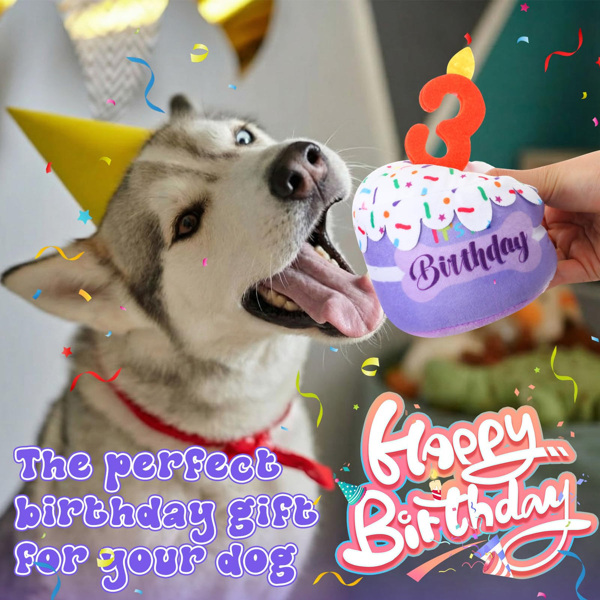 Dansydaisy Dog 3rd Birthday Cake Toy – Purple Squeaky Plush for All Dogs