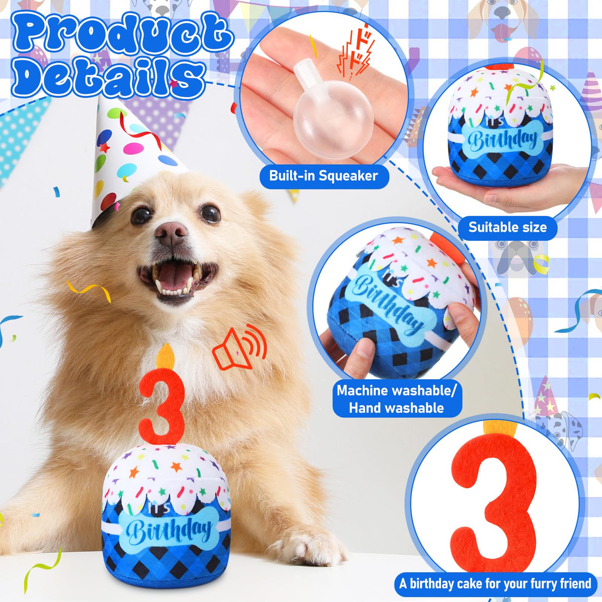 Dansydaisy Dog 3rd Birthday Cake Toy – Blue Grid Squeaky Plush for All Dog Sizes