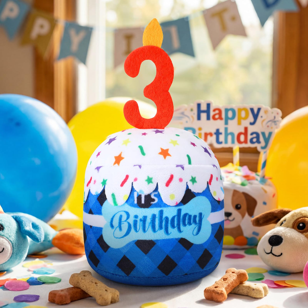 Dansydaisy Dog 3rd Birthday Cake Toy – Blue Grid Squeaky Plush for All Dog Sizes