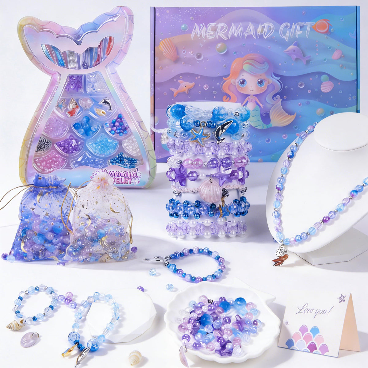 Danvren Mermaid Bracelet Making Kit for Girls (Ages 5-10) – 200+ Beads & Mermaid Tail Case