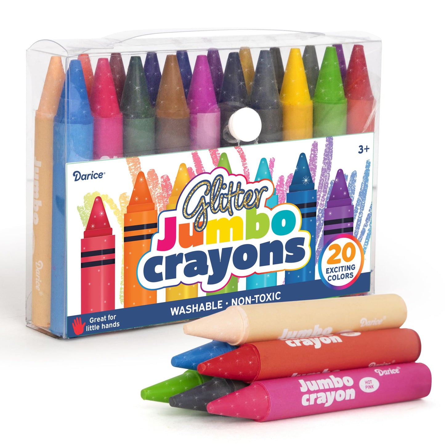 Darice Jumbo Glitter Crayons for Toddlers — 20 Colors, Washable & Non-Toxic Giant Crayons