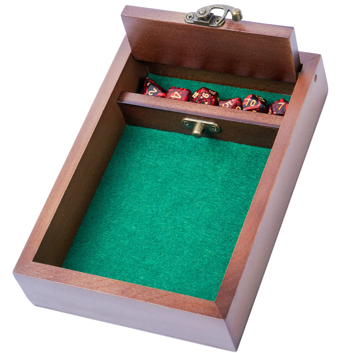 Wooden D&D Dice Tray with Storage Vault — Beech Wood, Green Felt, Metal Latch | Travel Gift