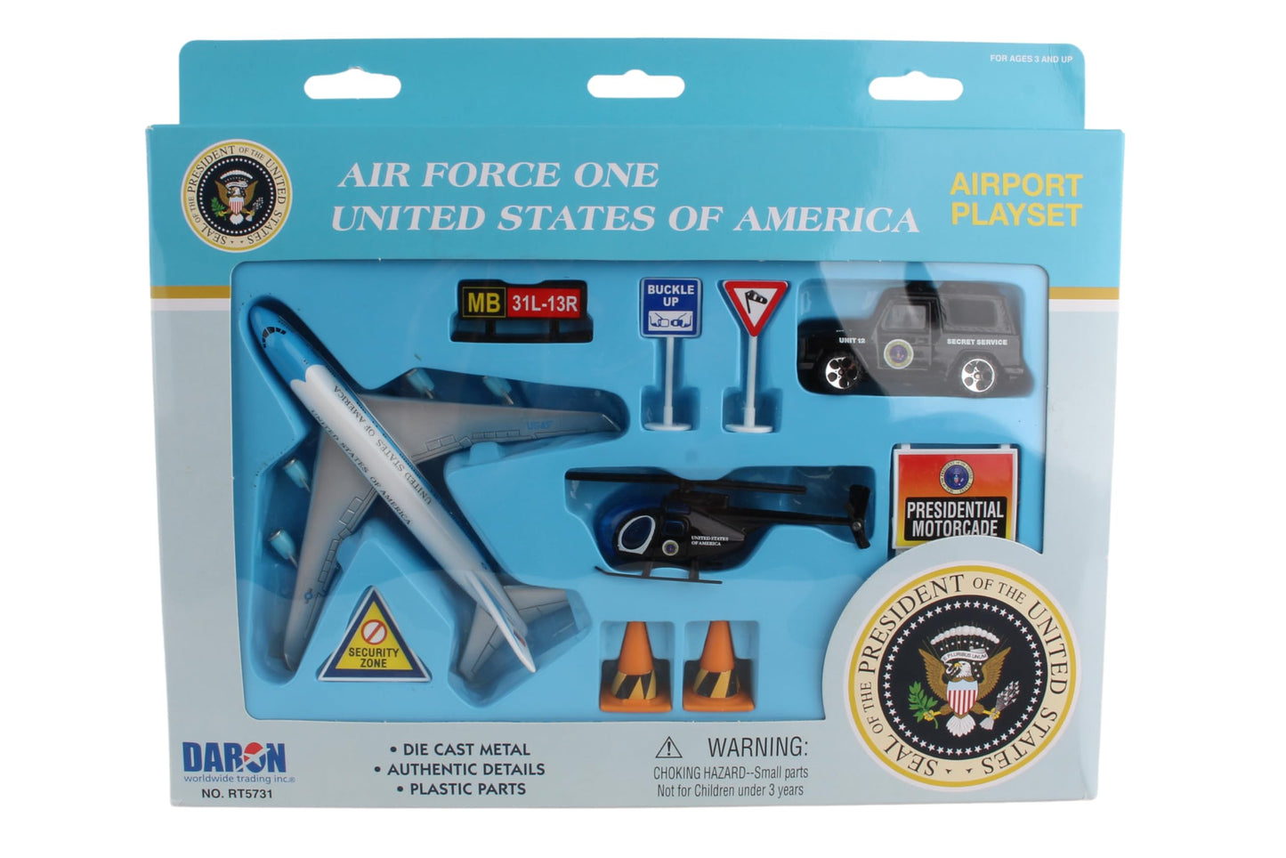 Daron Airforce One United States Airport Playset – Die-Cast Plane, Jeep, Helicopter & Signs
