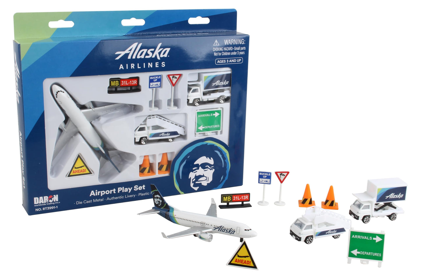 Daron Alaska Airlines Airport Playset — Die-Cast Plane & Vehicles for Kids 3+
