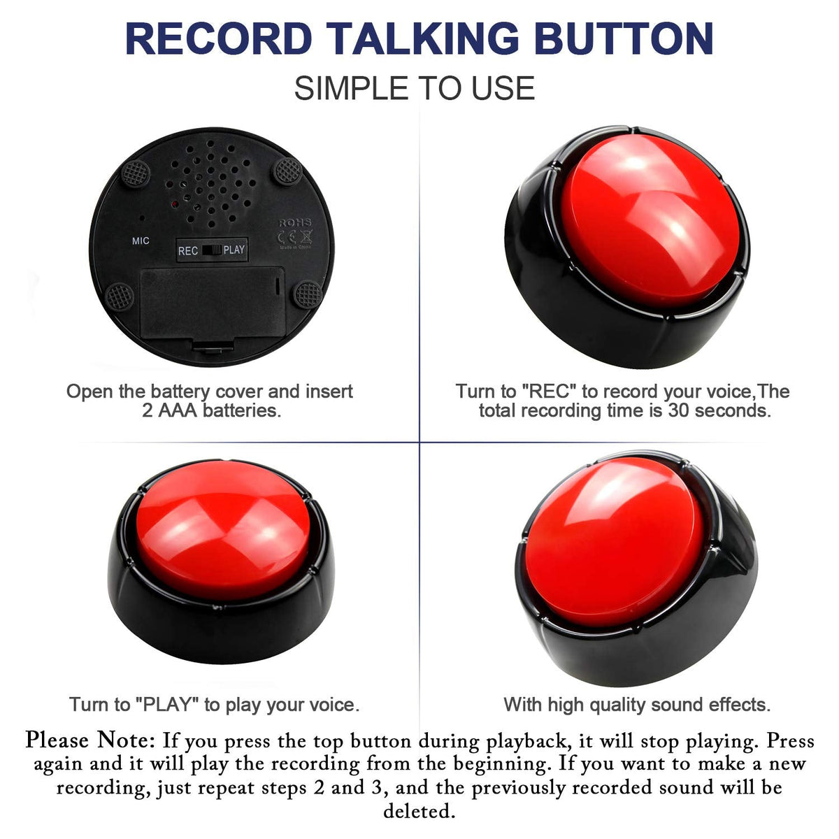 DAUH Recordable Talking Button - 30-Second Message for Games, Home & Office