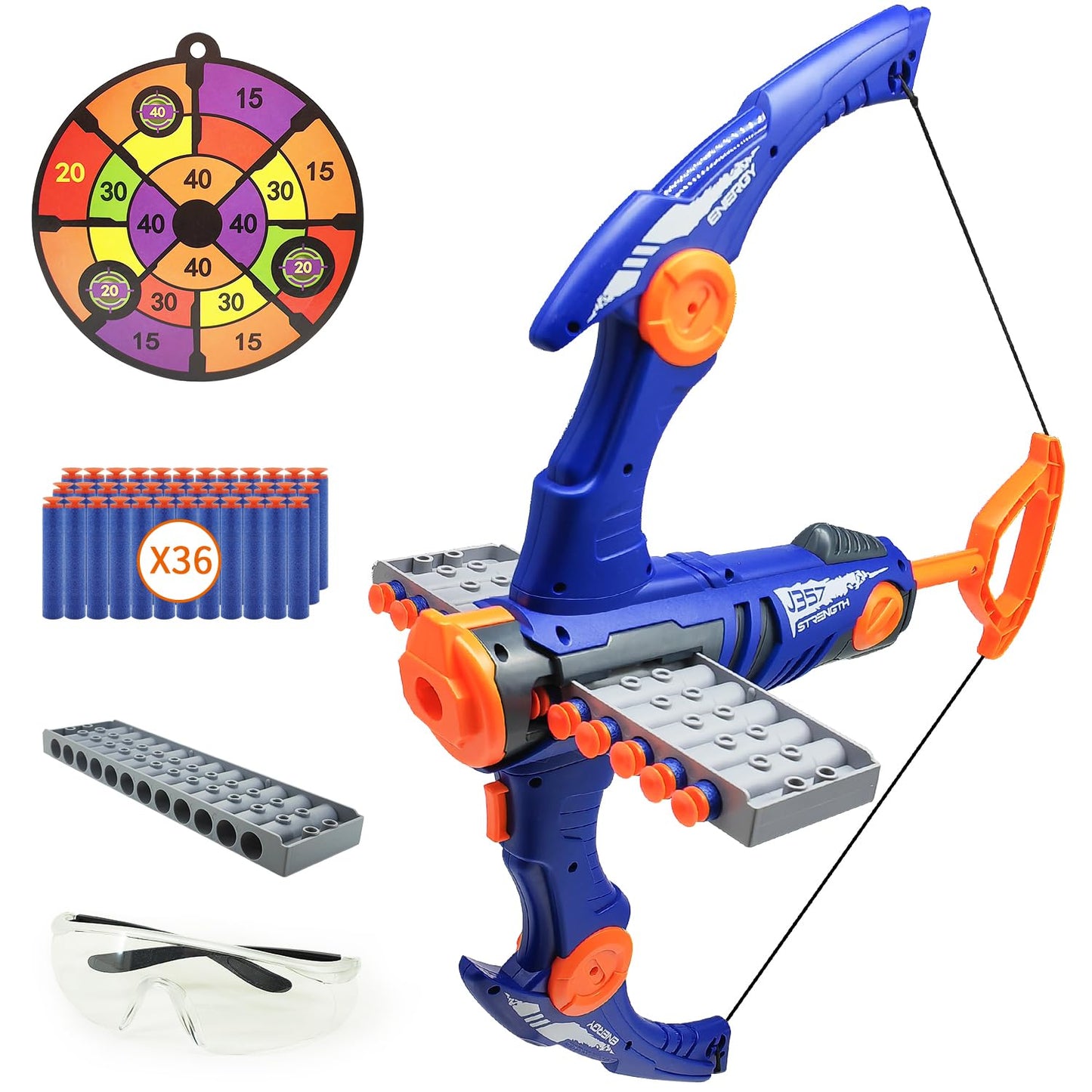 Dawnuph Toy Bow and Arrow Nerf Dart Set – 12-Dart Clip, 36 Foam Darts (Blue)