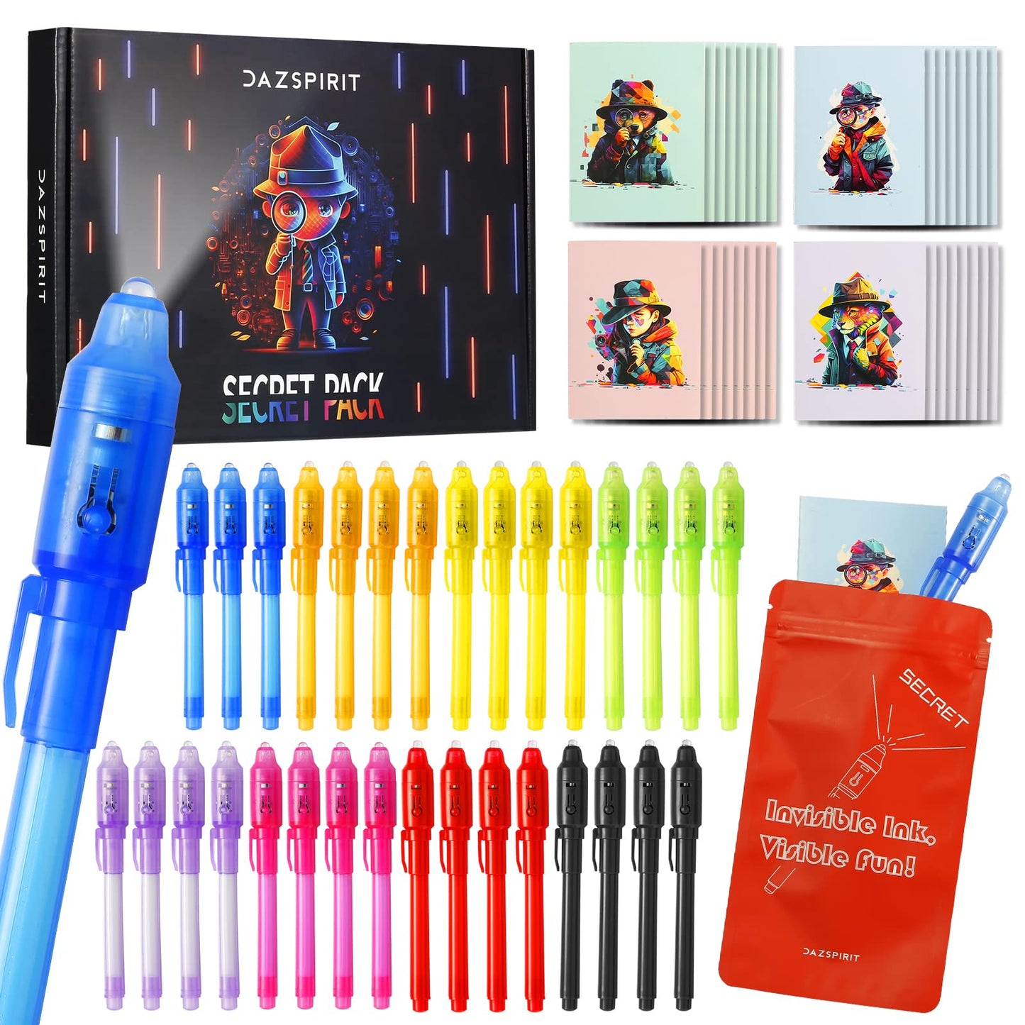 DazSpirit 32-Pack Invisible Ink Pens with UV Light – Detective Cards & Gift Bags for Spy Parties