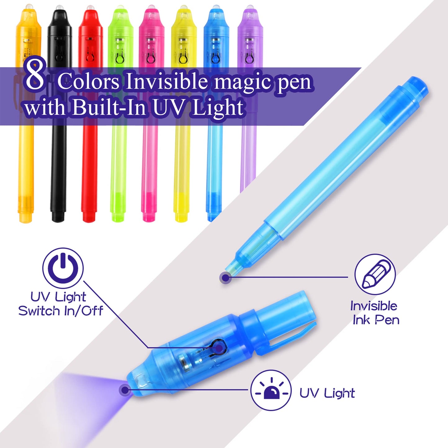 DazSpirit 32-Pack Invisible Ink Pens with UV Light – Detective Cards & Gift Bags for Spy Parties