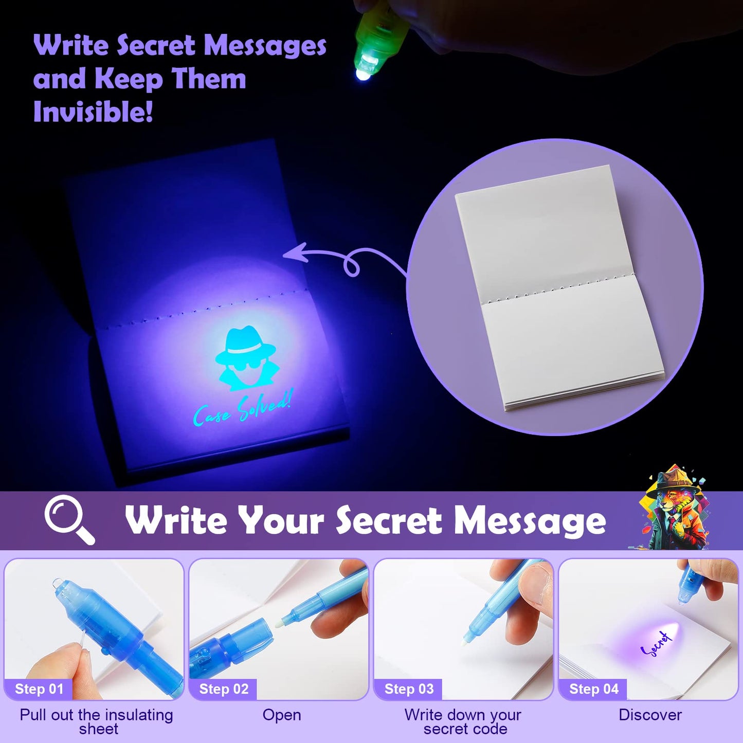 DazSpirit 32-Pack Invisible Ink Pens with UV Light – Detective Cards & Gift Bags for Spy Parties