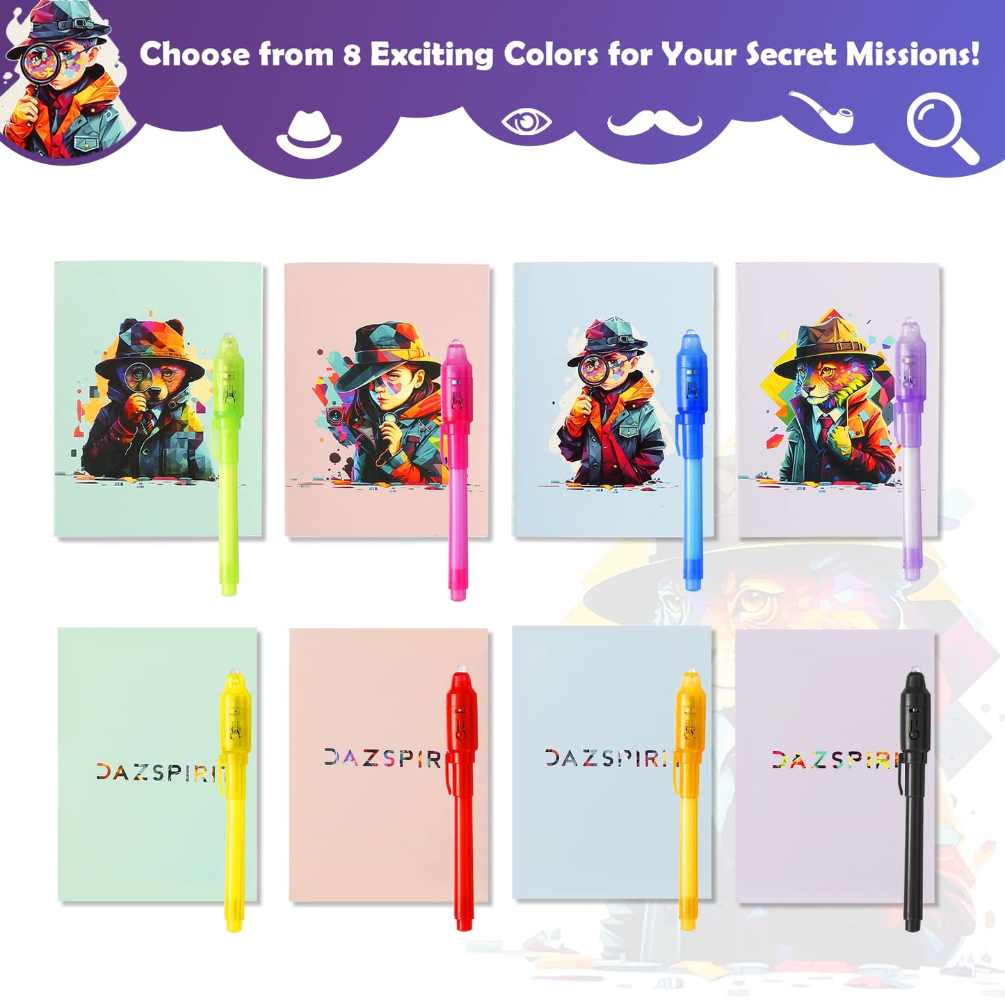 DazSpirit 32-Pack Invisible Ink Pens with UV Light – Detective Cards & Gift Bags for Spy Parties
