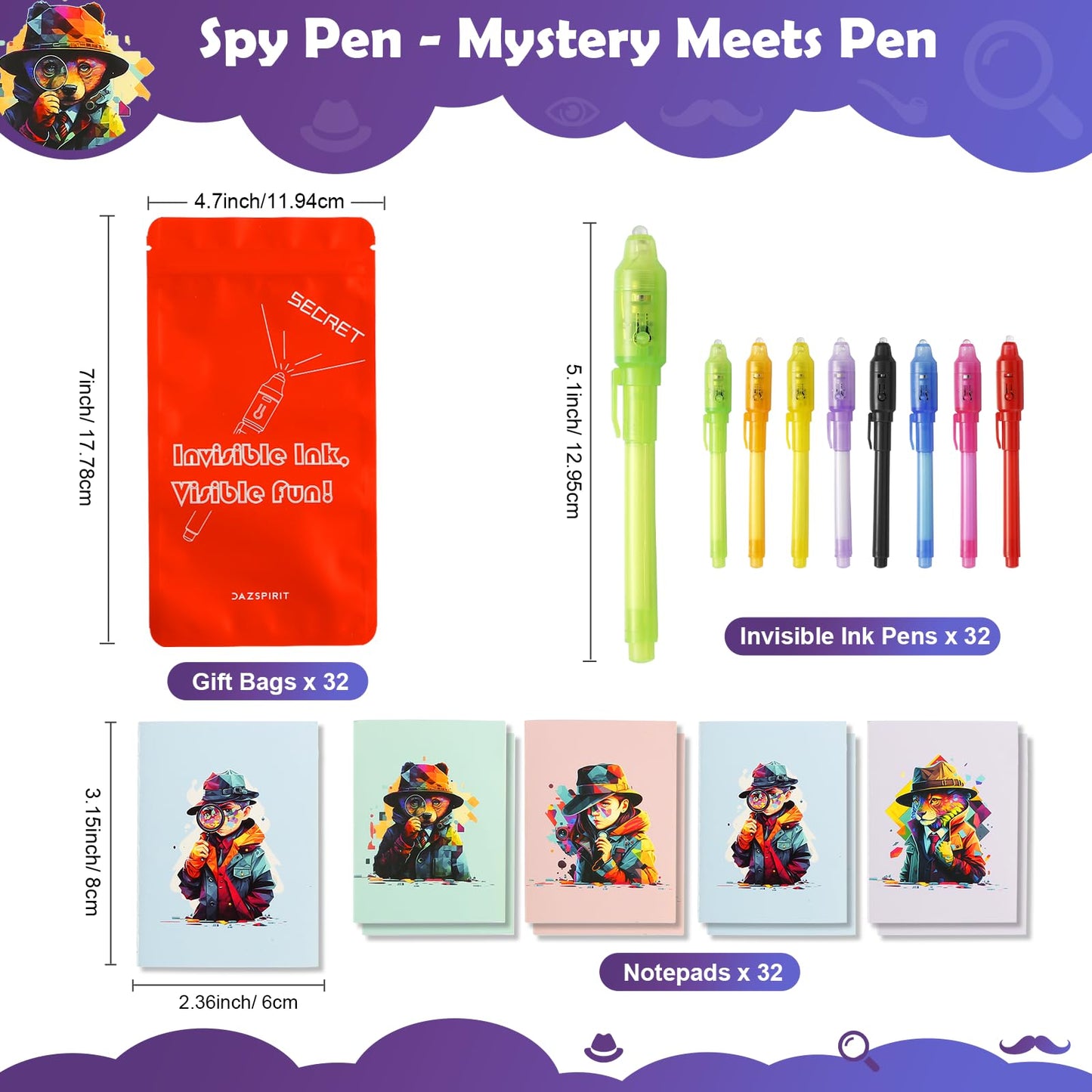 DazSpirit 32-Pack Invisible Ink Pens with UV Light – Detective Cards & Gift Bags for Spy Parties