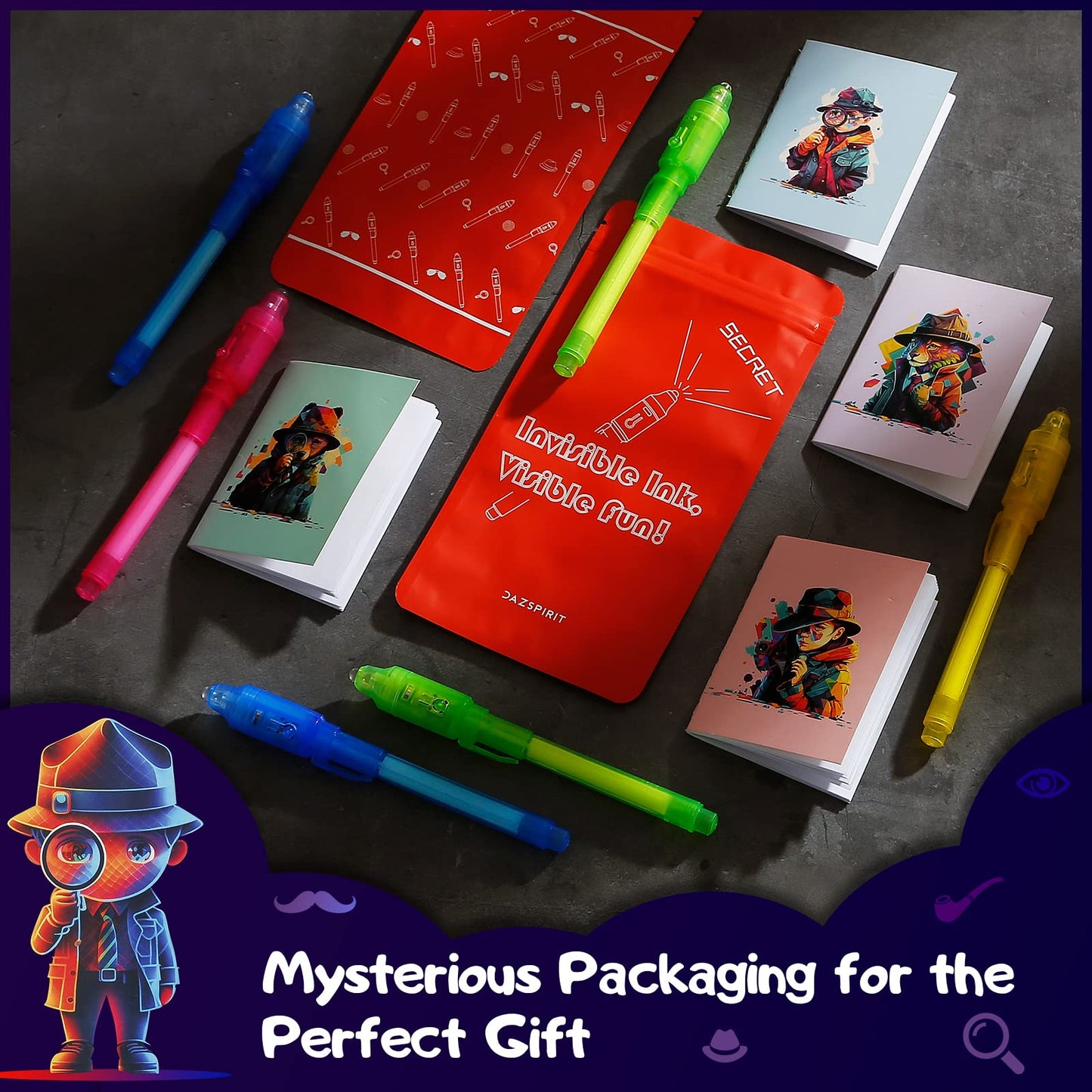 DazSpirit 32-Pack Invisible Ink Pens with UV Light – Detective Cards & Gift Bags for Spy Parties