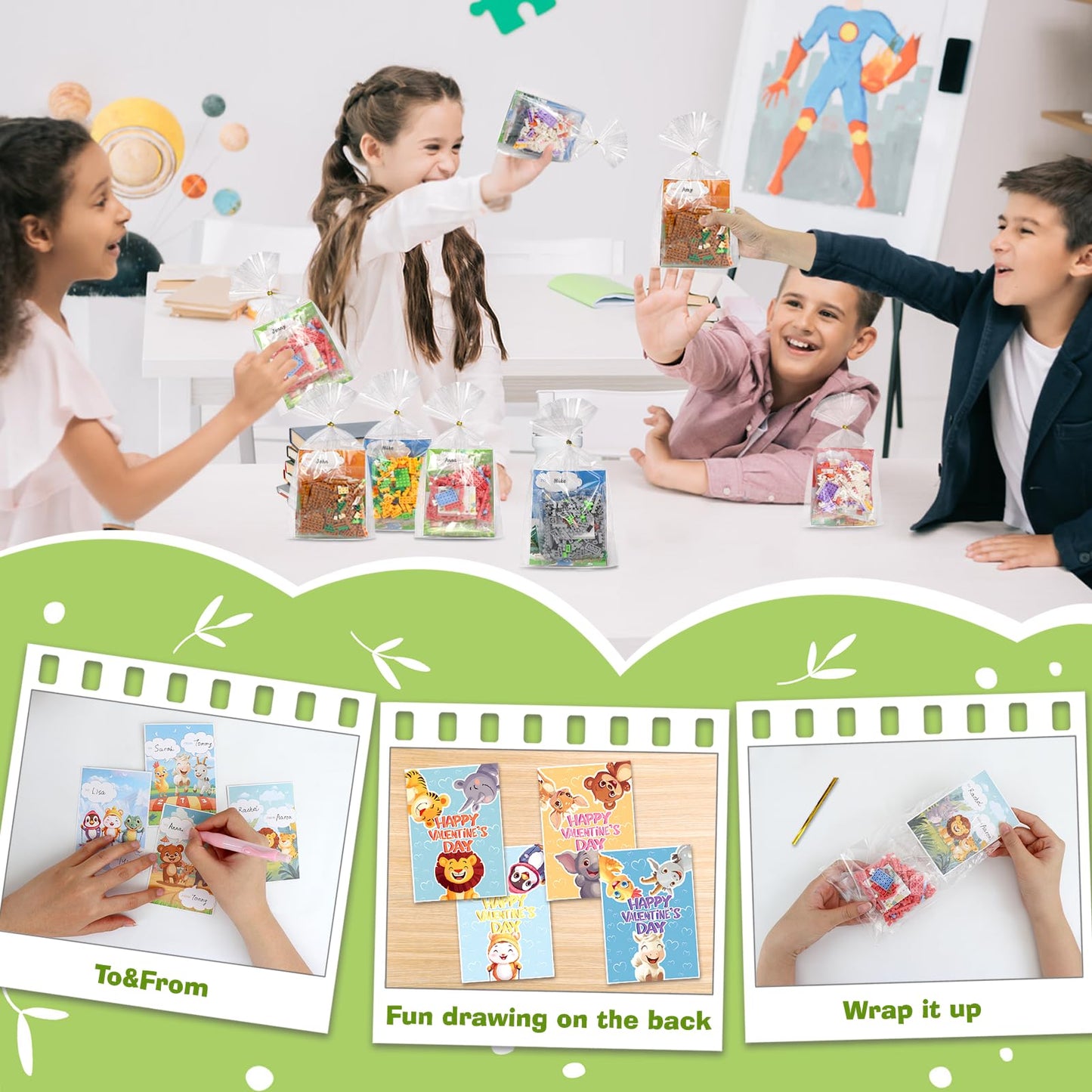 DBPBToU Valentines Day Gifts for Kids – 24 Pack Building Blocks Cards for Classrooms & Parties