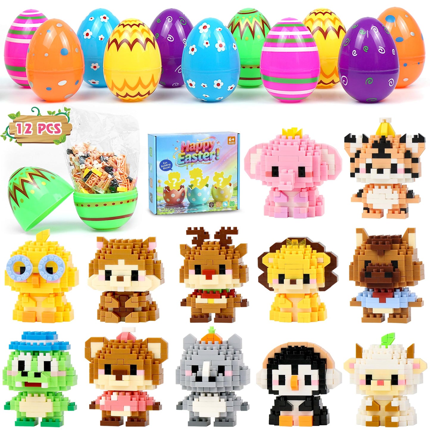 DBPBToU 12 Pack Easter Basket Stuffers – Mini Building Block Toys for Kids 6+ (Animals)