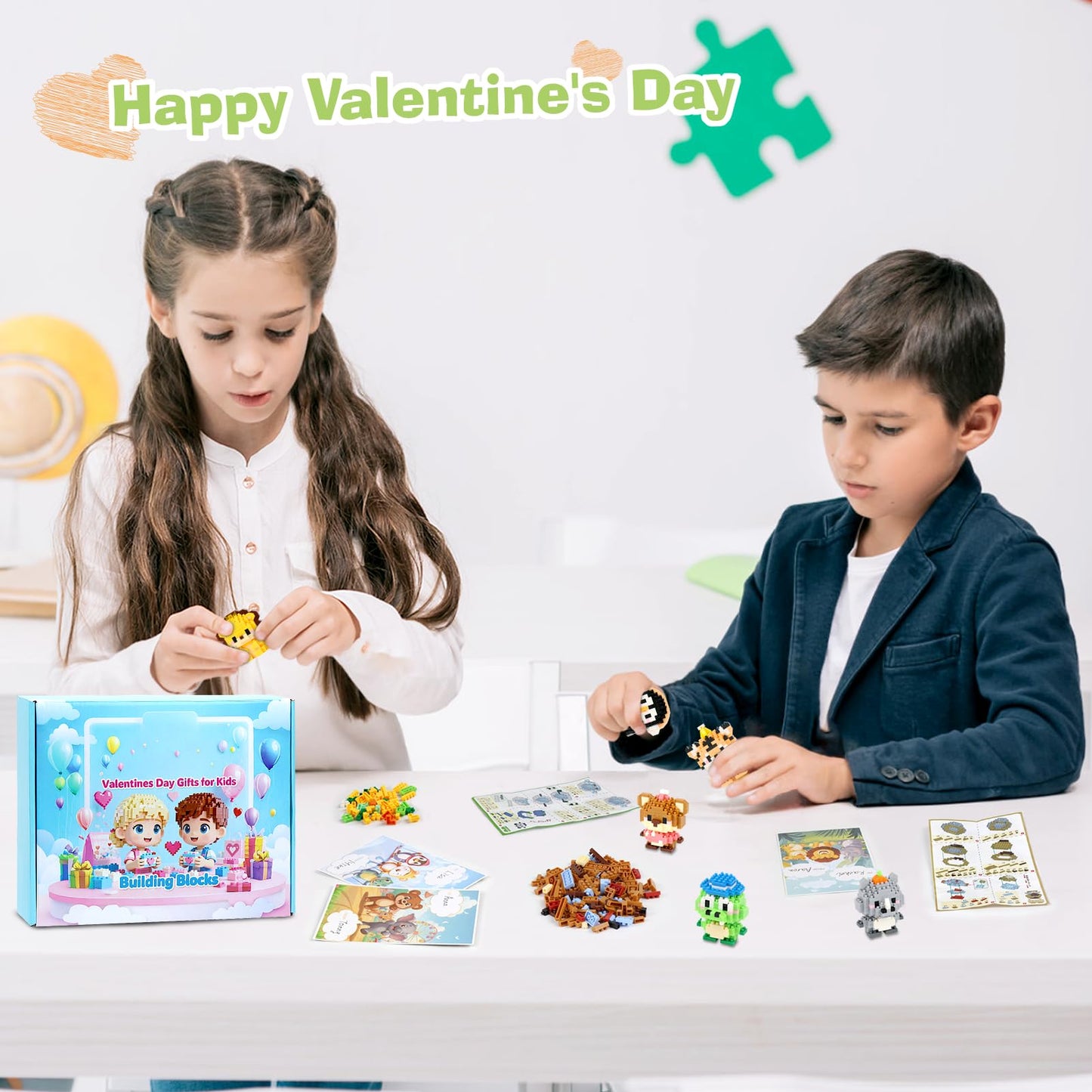 DBPBToU Valentines Day Gifts for Kids – 24 Pack Building Blocks Cards for Classrooms & Parties