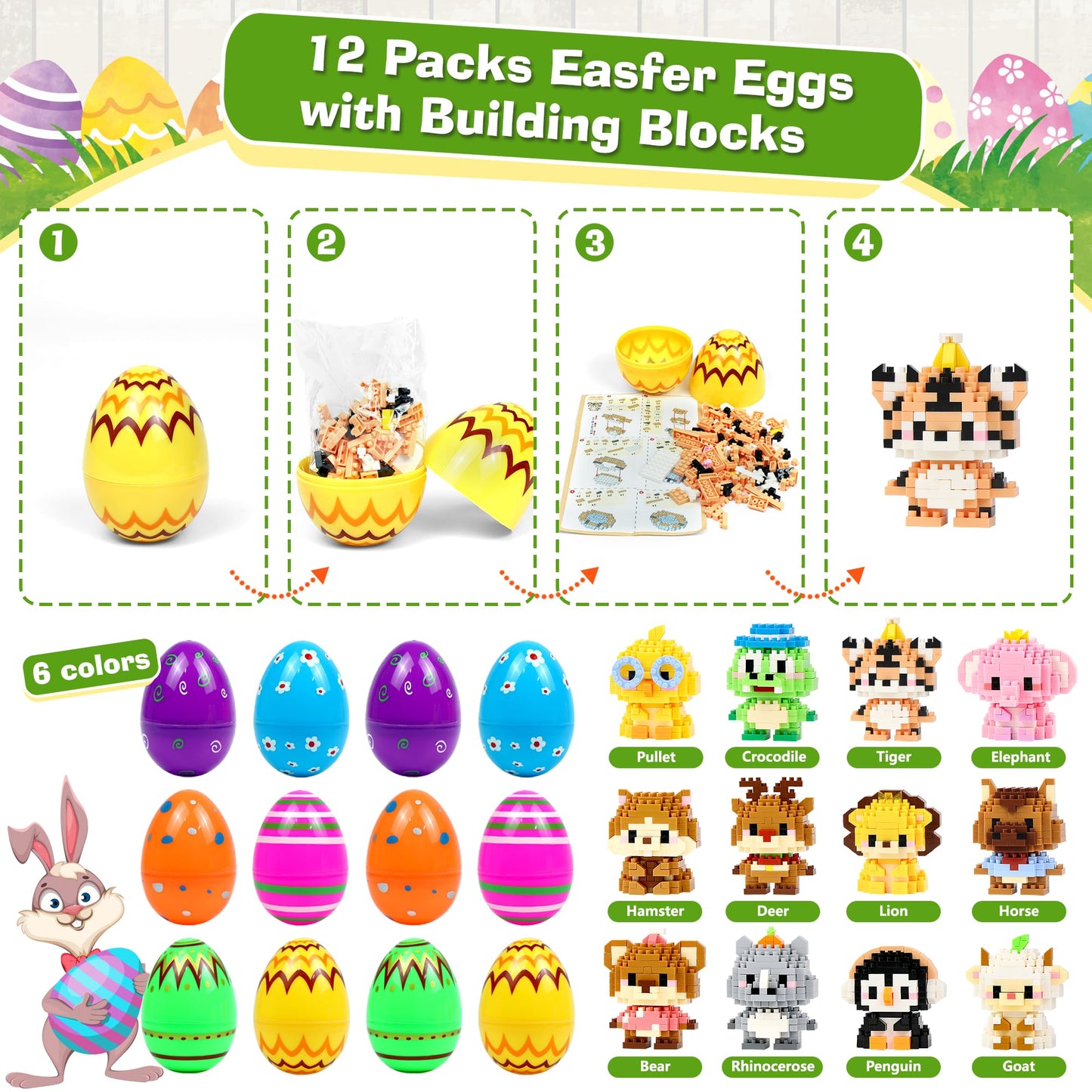 DBPBToU 12 Pack Easter Basket Stuffers – Mini Building Block Toys for Kids 6+ (Animals)