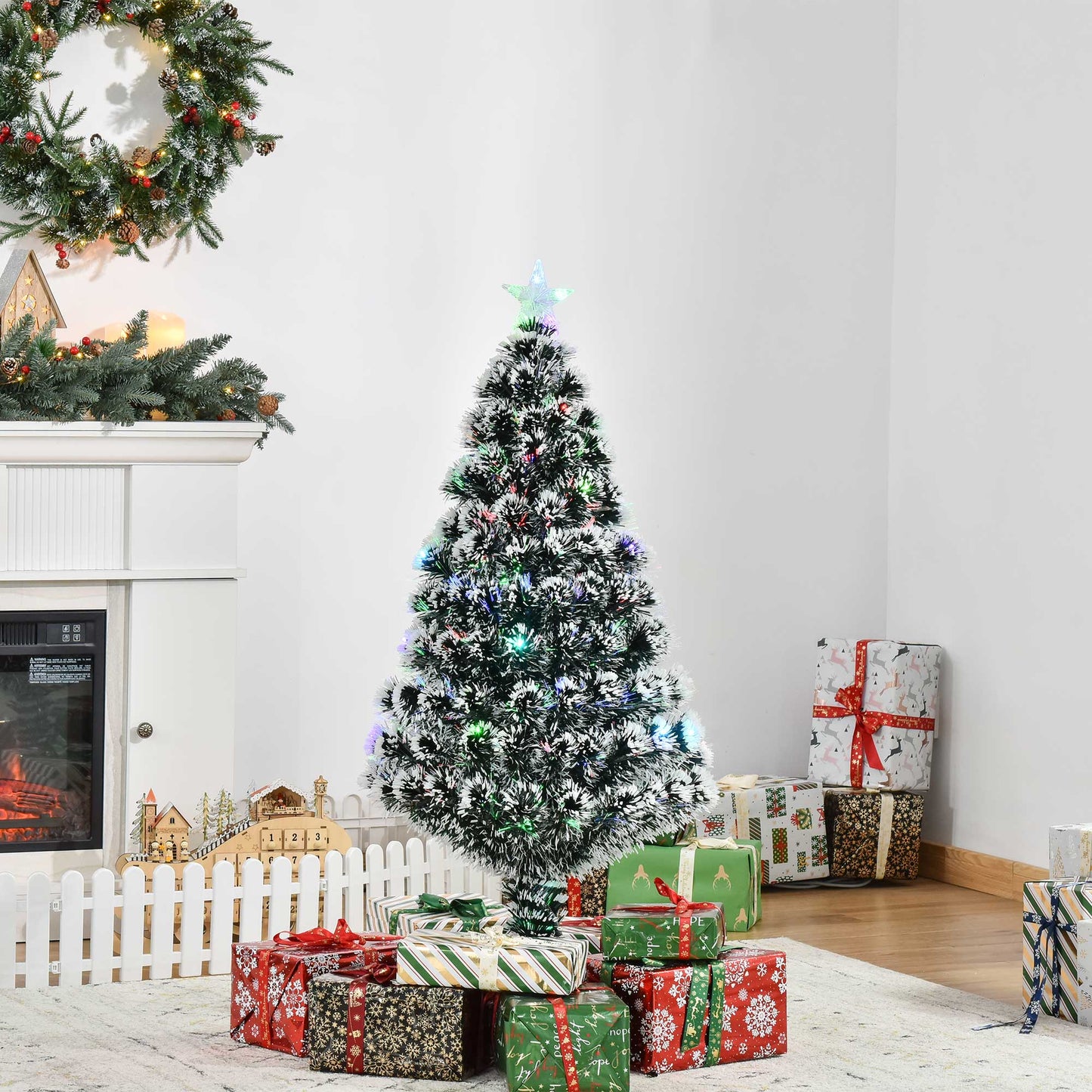 4ft Artificial Prelit Christmas Tree Snow Tree LED Fiber Optics Green White