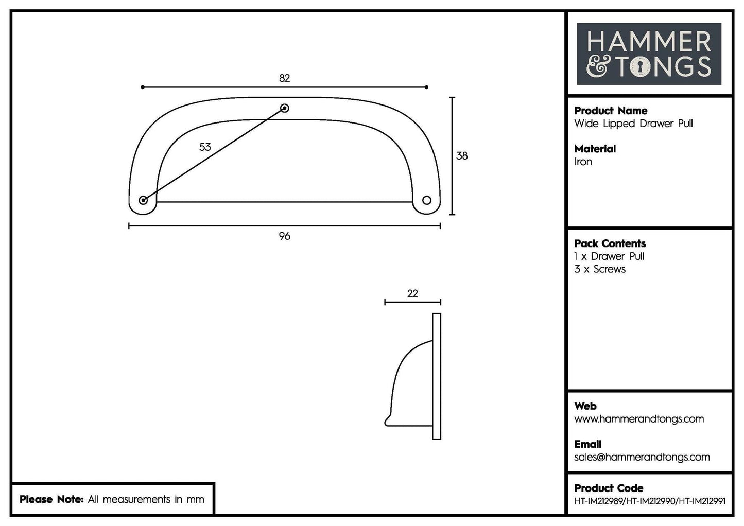 95mm x 40mm Wide Lipped Cabinet Cup Handle