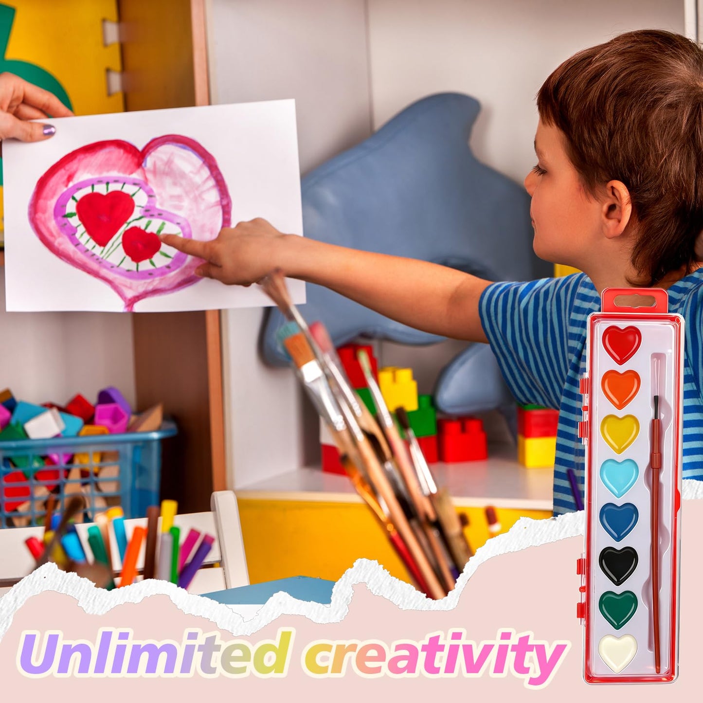 Dcocdeely 36-Color Heart Watercolor Paint Set with Brush — Portable Kids Art Kit, Valentine's Gift