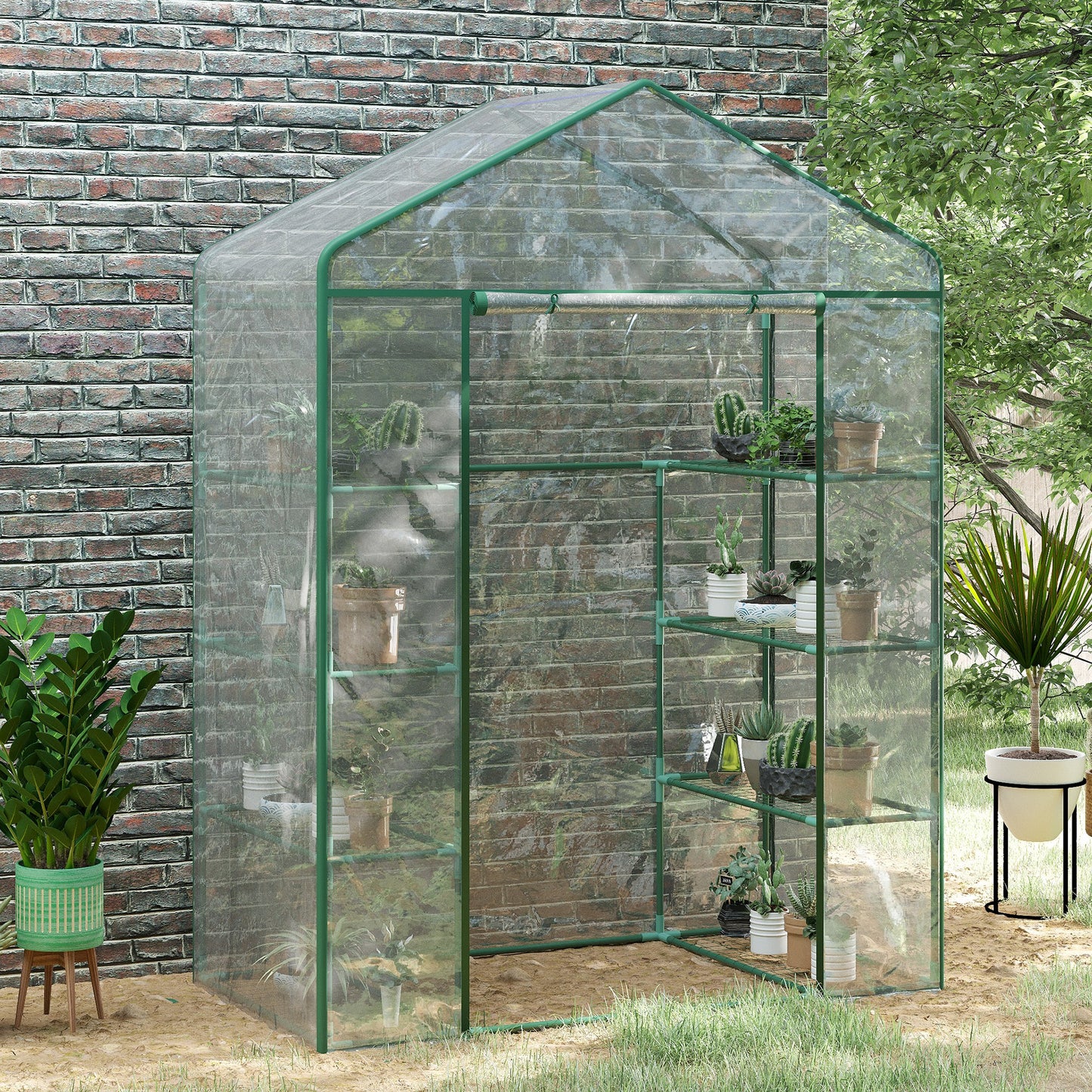 4 Tiers 8 Shelves Metal Frame Walk in Portable Greenhouse 143Lx73Wx195Hcm