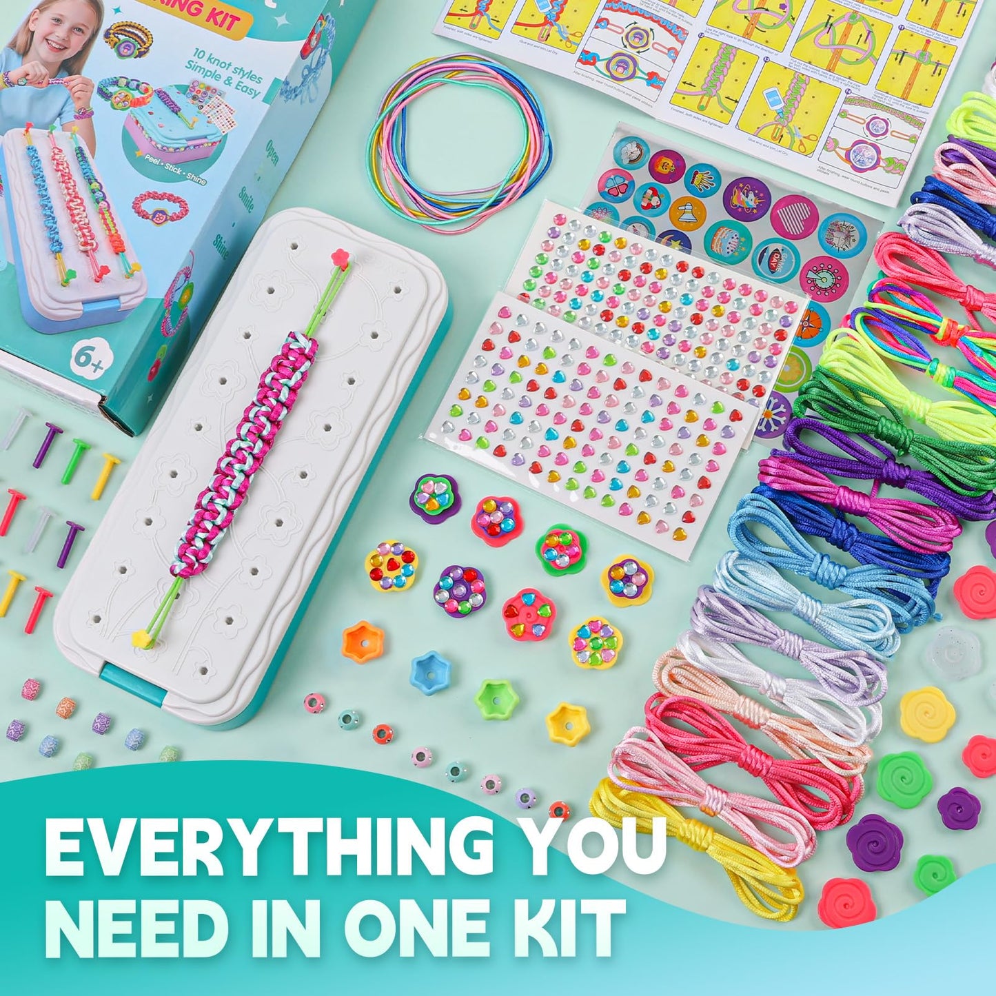 DDAI Bling Bracelet Kit for Girls 7-12 | Sparkly Friendship Craft with Gems Threads & Stickers