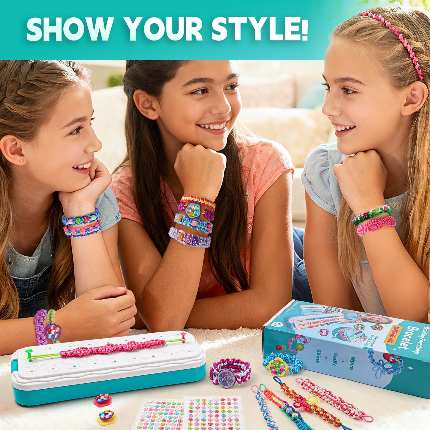 DDAI Bling Bracelet Kit for Girls 7-12 | Sparkly Friendship Craft with Gems Threads & Stickers