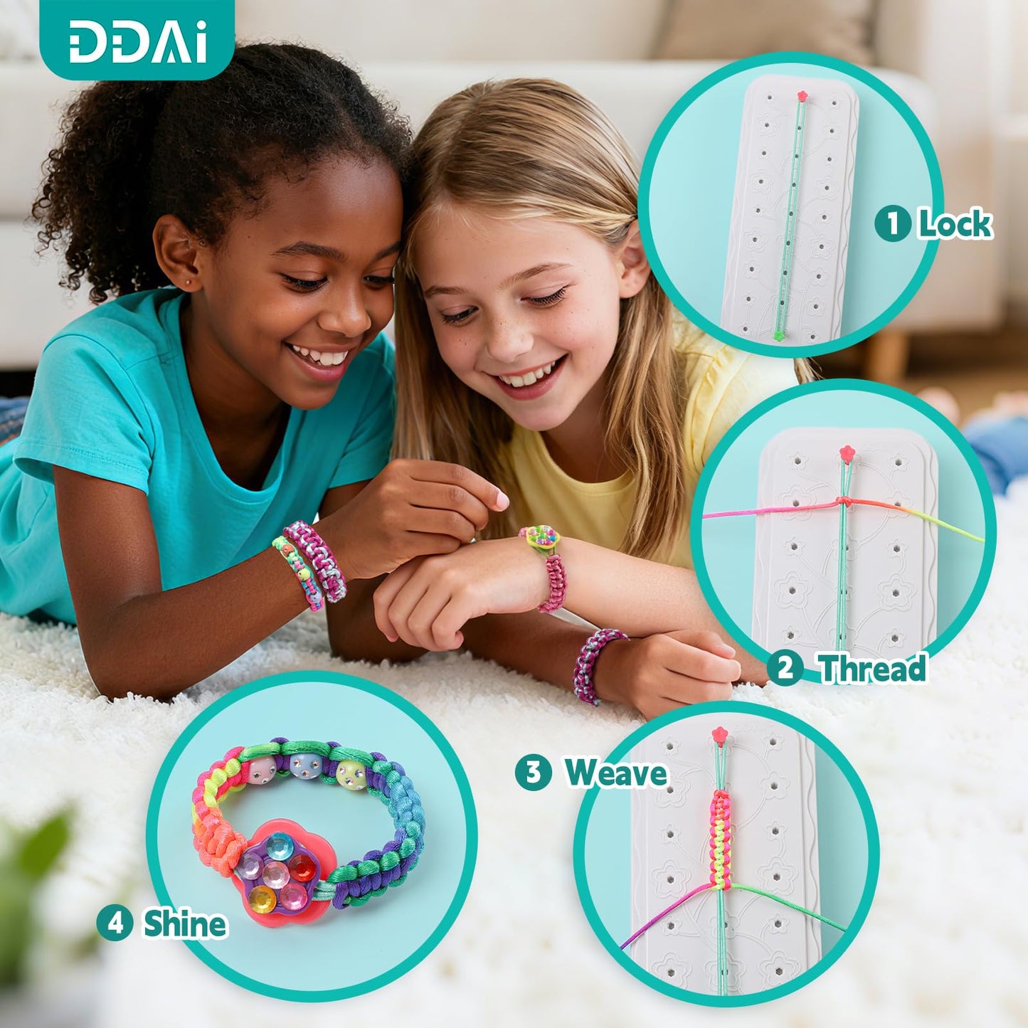 DDAI Bling Bracelet Kit for Girls 7-12 | Sparkly Friendship Craft with Gems Threads & Stickers