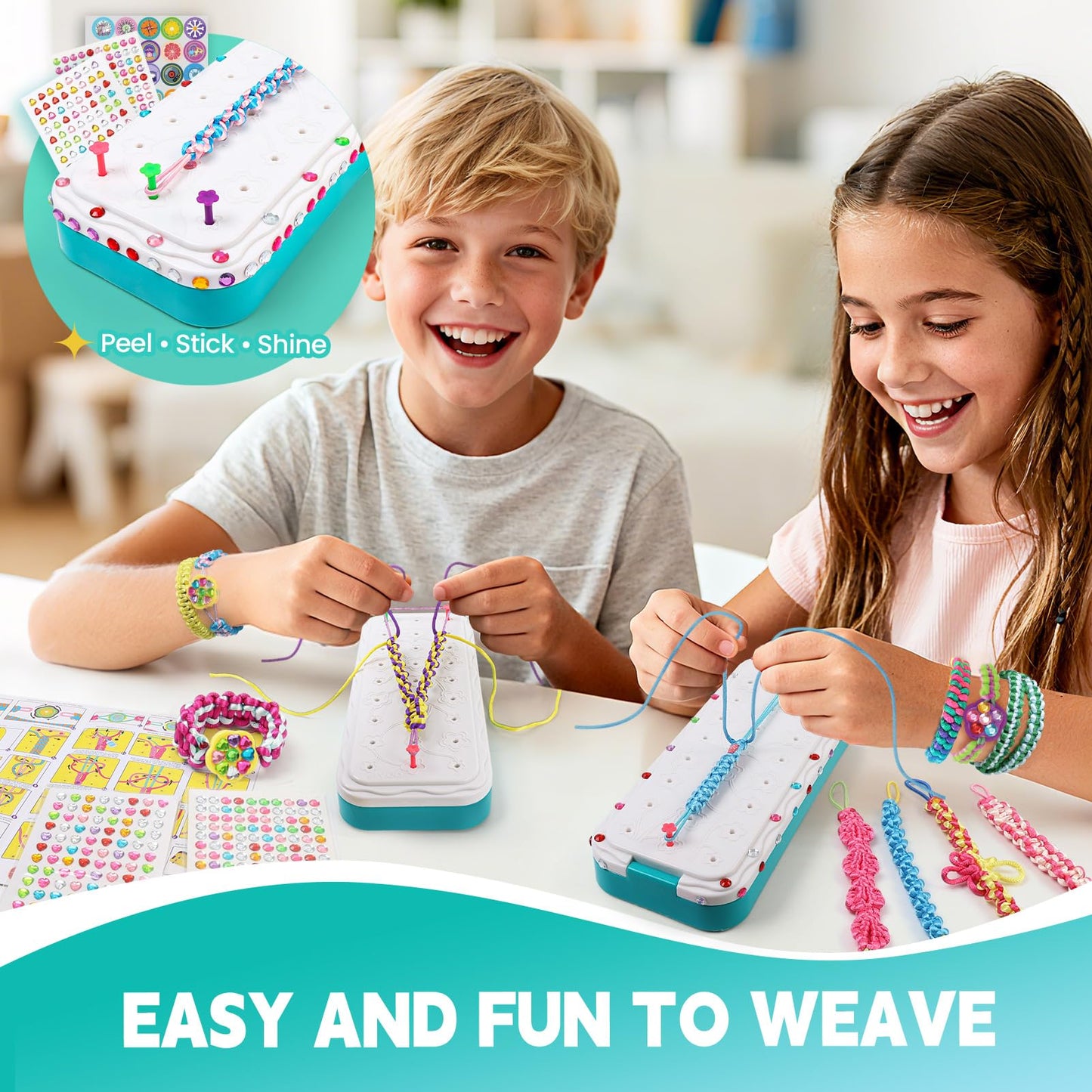DDAI Bling Bracelet Kit for Girls 7-12 | Sparkly Friendship Craft with Gems Threads & Stickers