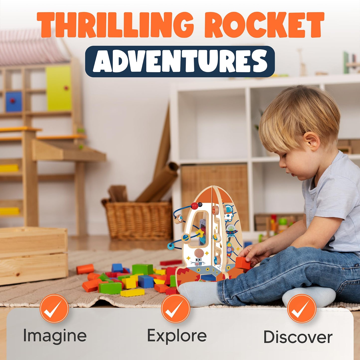 D DAKIN Rocket Toddler Activity Center – Wooden Sensory & Educational Cube
