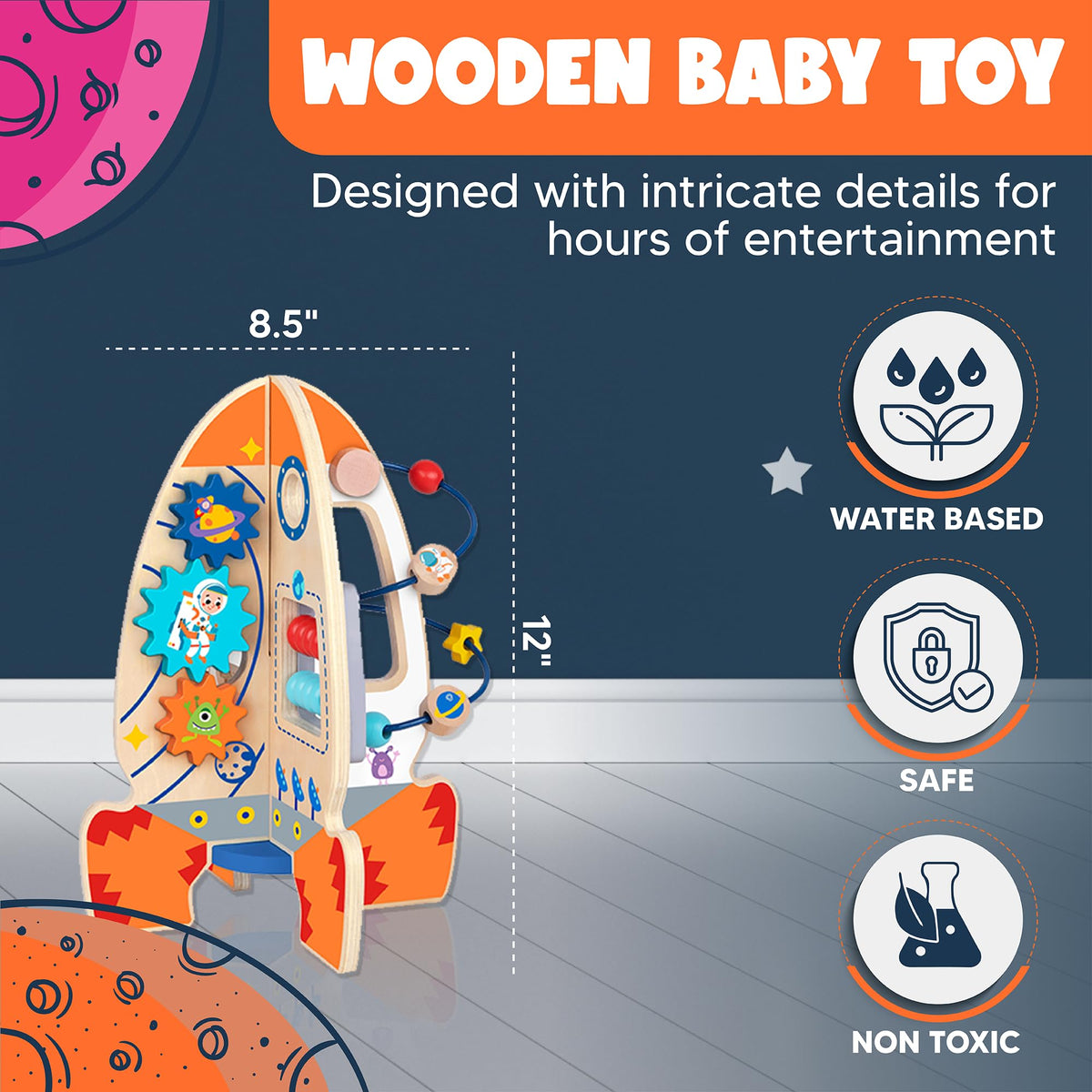 D DAKIN Rocket Toddler Activity Center – Wooden Sensory & Educational Cube