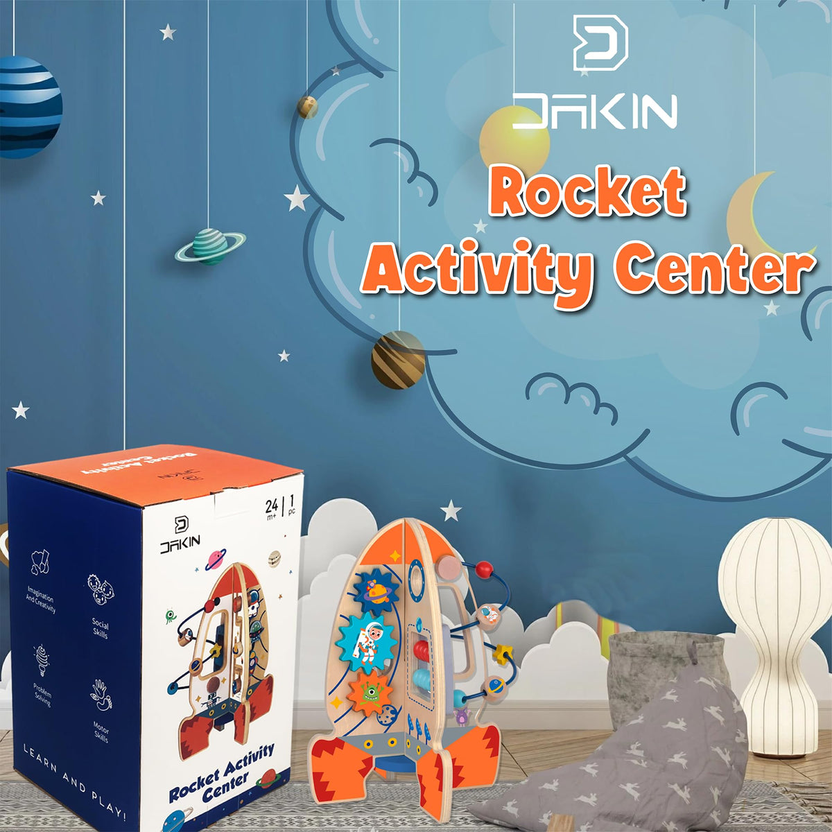 D DAKIN Rocket Toddler Activity Center – Wooden Sensory & Educational Cube