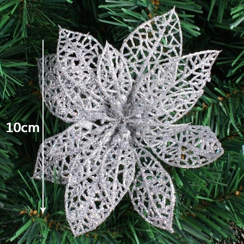 10Pcs/Set Christmas Flowers Xmas Christmas Tree Decorations Glitter Hollow Wedding Party Decor Gold/Silver/Red/Green/Blue 8Z