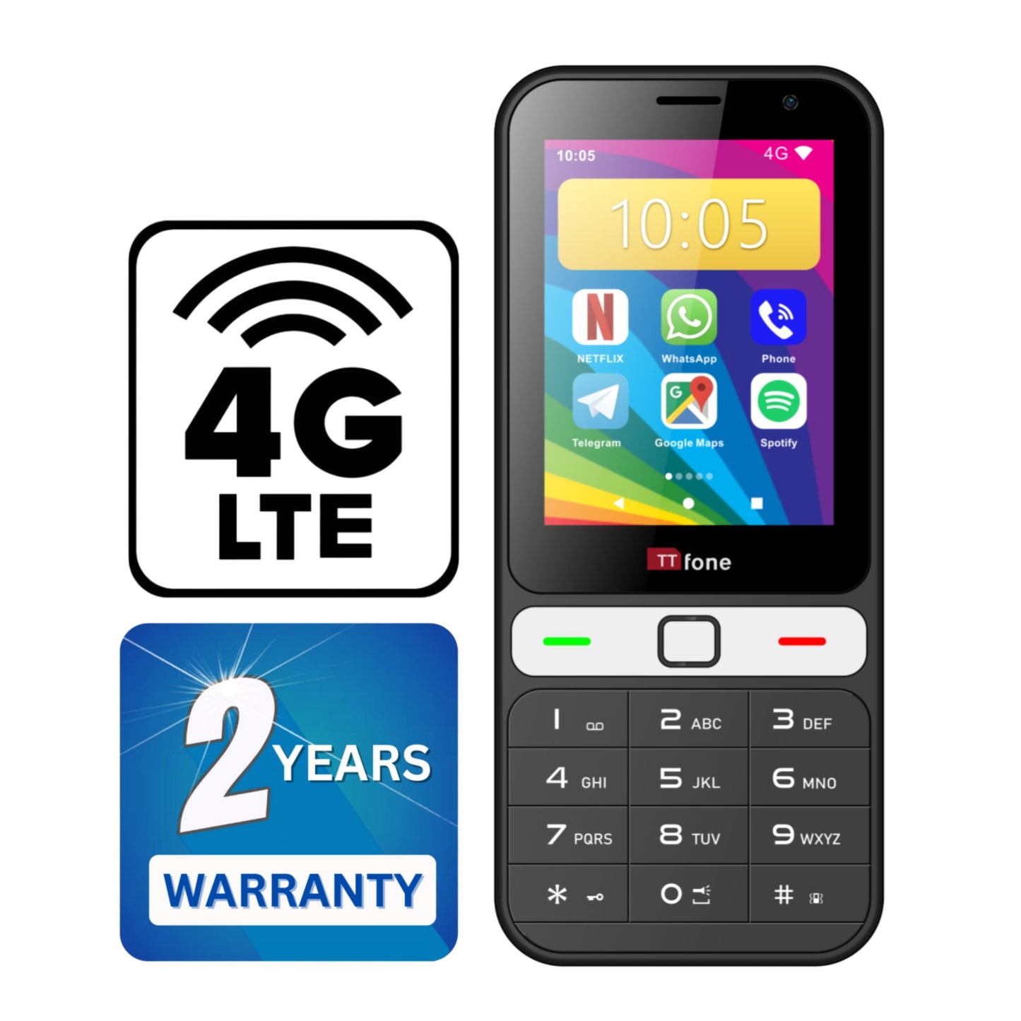 TTfone TT280  Simple 4G Dual SIM Bar Phone with Android, 2.8" Touchscreen, Keypad, 2MP Camera, USB-C - Easy to Use Unlocked Mobile (with Mains Charger and Giffgaff Sim Card)
