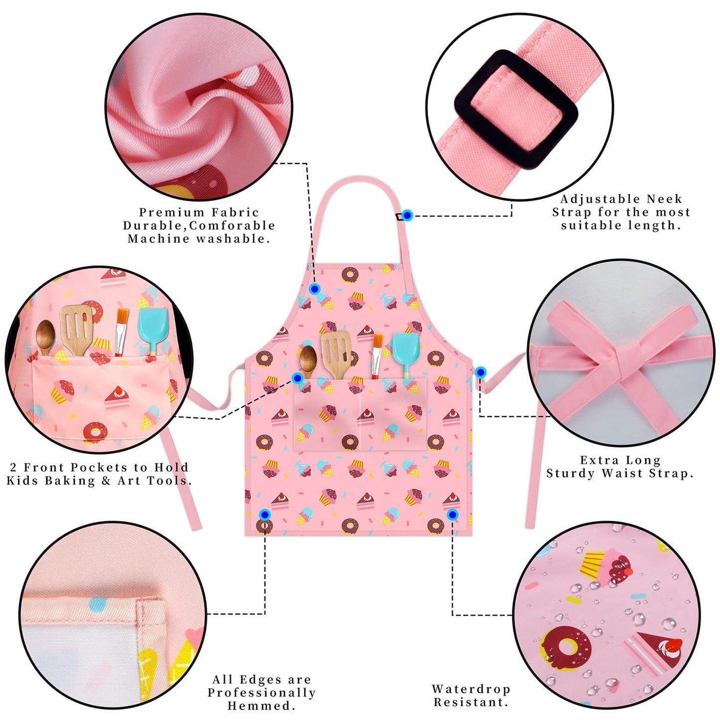 DEABOLAR Kids Aprons for Girls 5-12 | Donut Design, Pockets, Adjustable Neck, Machine Washable