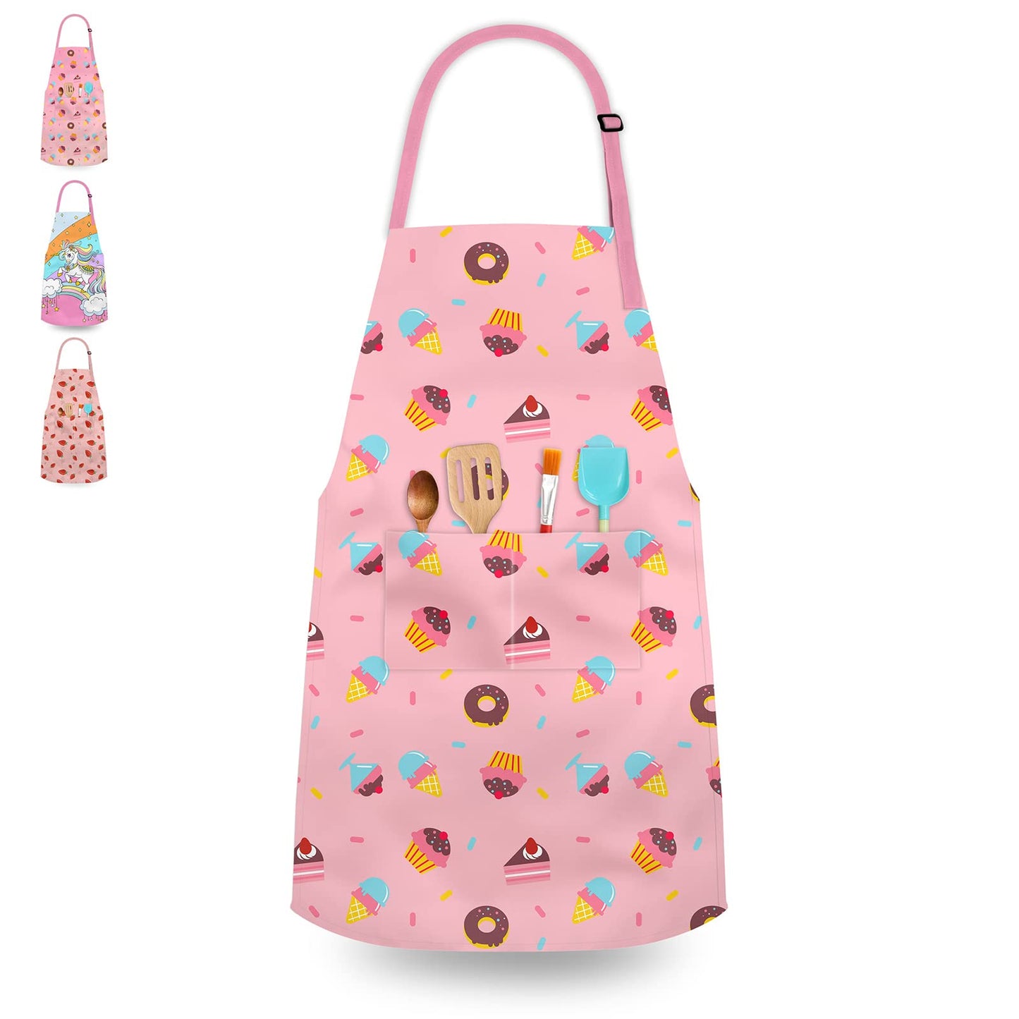 DEABOLAR Kids Aprons for Girls 5-12 | Donut Design, Pockets, Adjustable Neck, Machine Washable