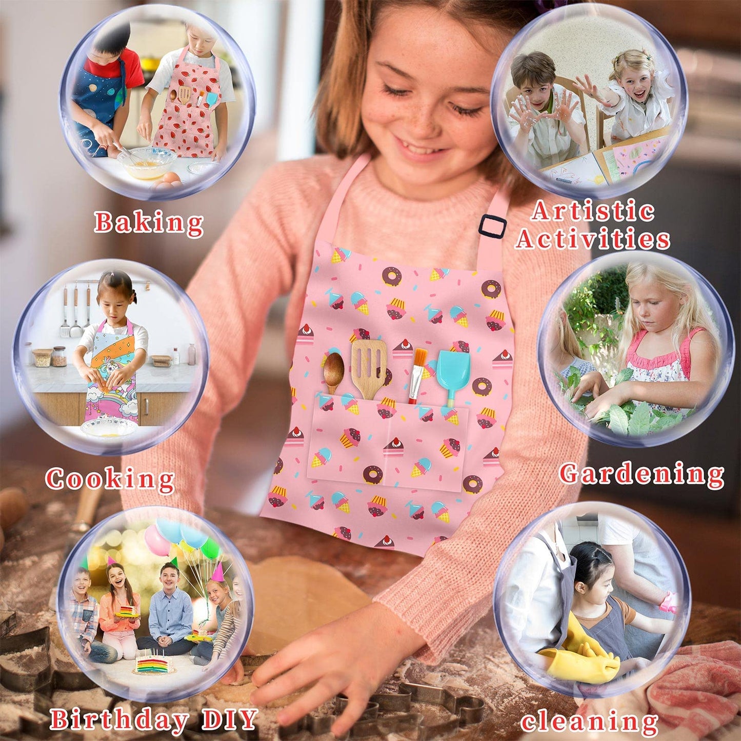 DEABOLAR Kids Aprons for Girls 5-12 | Donut Design, Pockets, Adjustable Neck, Machine Washable