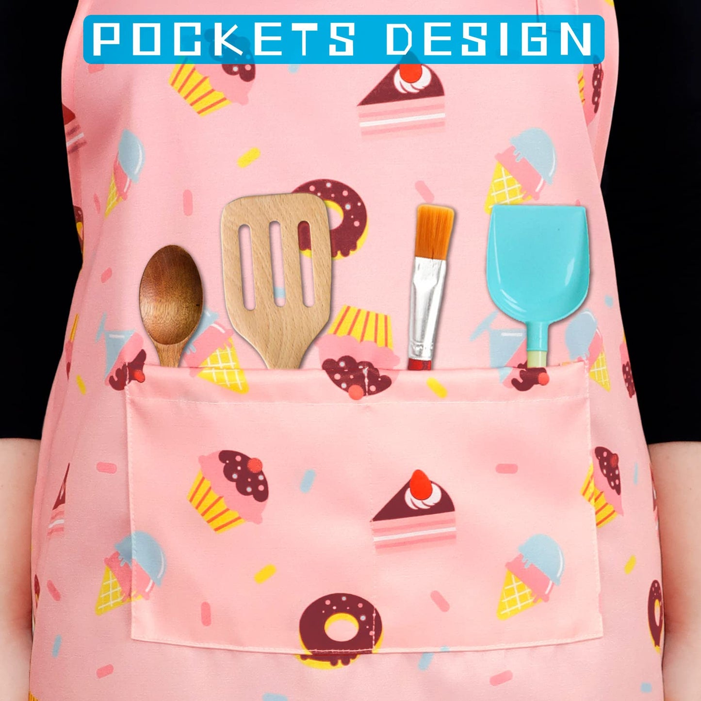 DEABOLAR Kids Aprons for Girls 5-12 | Donut Design, Pockets, Adjustable Neck, Machine Washable