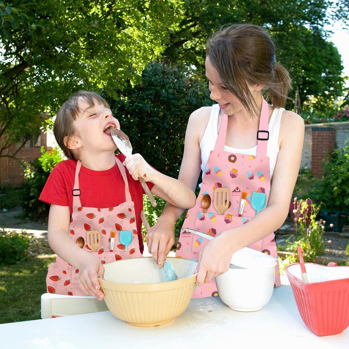 DEABOLAR Kids Aprons for Girls 5-12 | Donut Design, Pockets, Adjustable Neck, Machine Washable