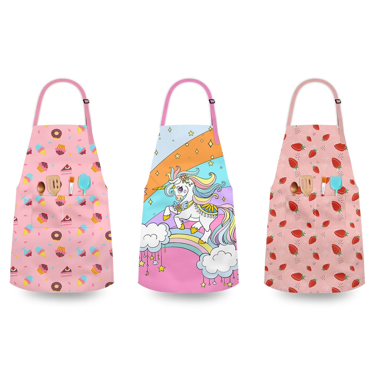 DEABOLAR Kids Aprons for Girls 5-12 | Donut Design, Pockets, Adjustable Neck, Machine Washable