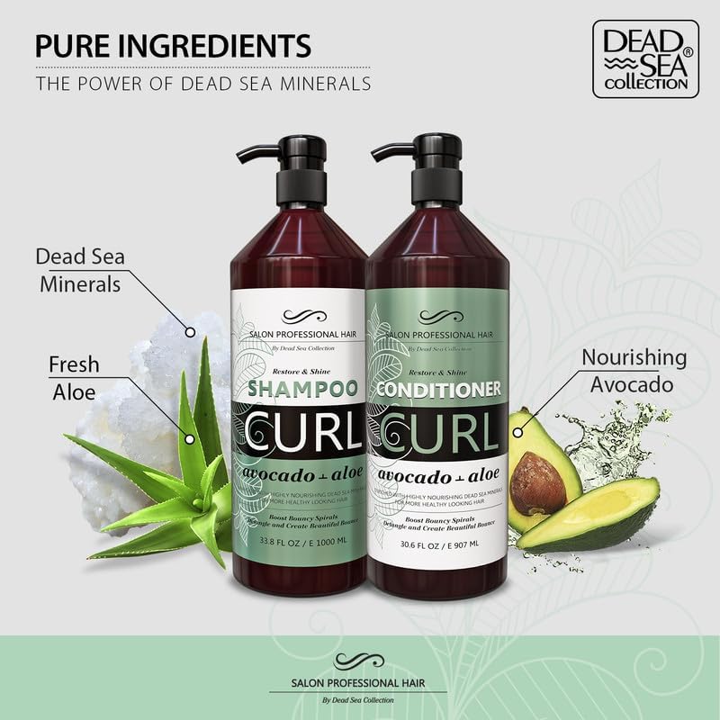 Dead Sea Collection Shampoo & Conditioner Set for Curly Hair – Avocado & Aloe, Pure Dead Sea Minerals | 2 Bottles (33.8 & 30.6 fl oz)