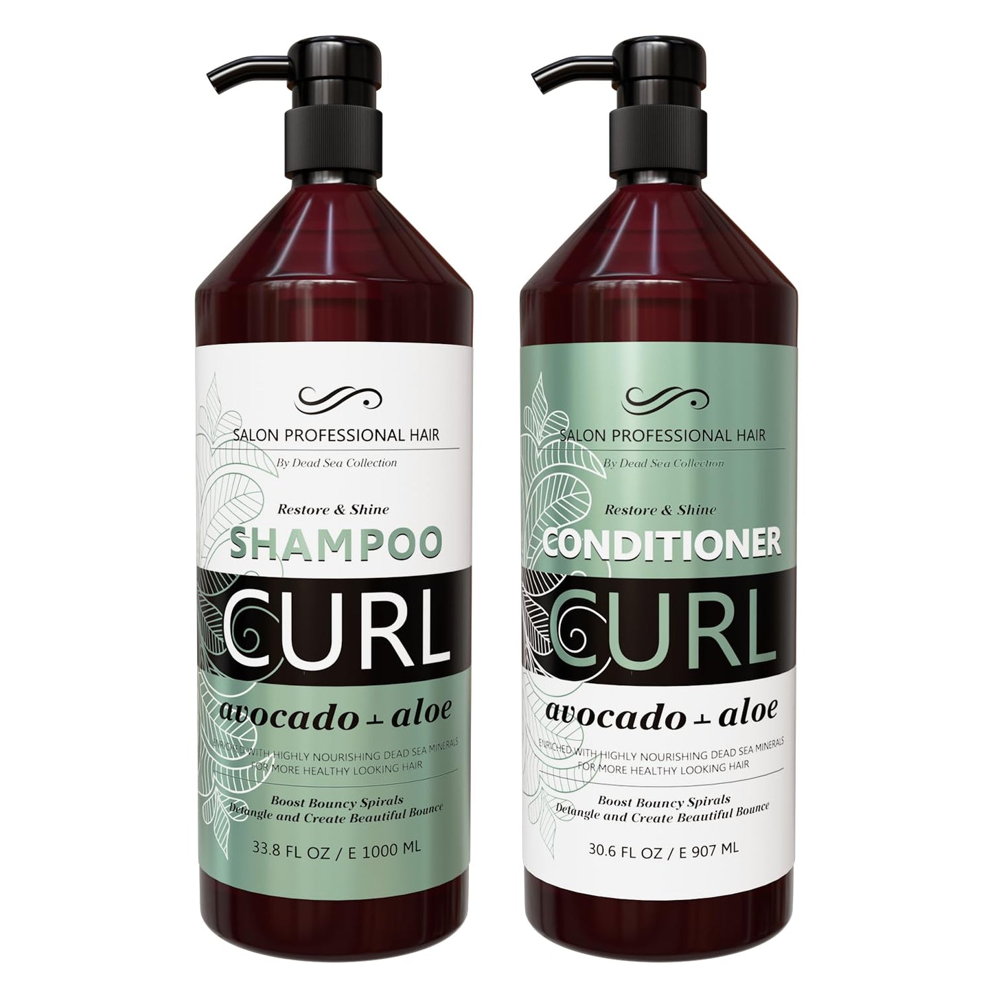 Dead Sea Collection Shampoo & Conditioner Set for Curly Hair – Avocado & Aloe, Pure Dead Sea Minerals | 2 Bottles (33.8 & 30.6 fl oz)