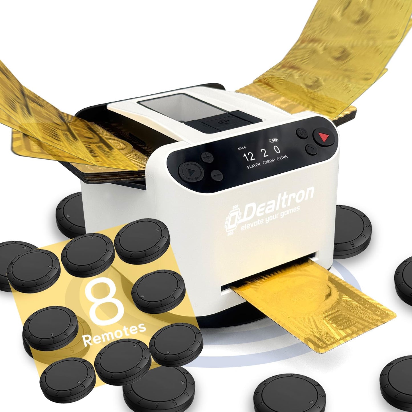 Dealtron All-in-One Automatic Card Shuffler & Dealer – 2-Deck, 12-Player, 8 Remotes, Ultra Quiet, Rechargeable