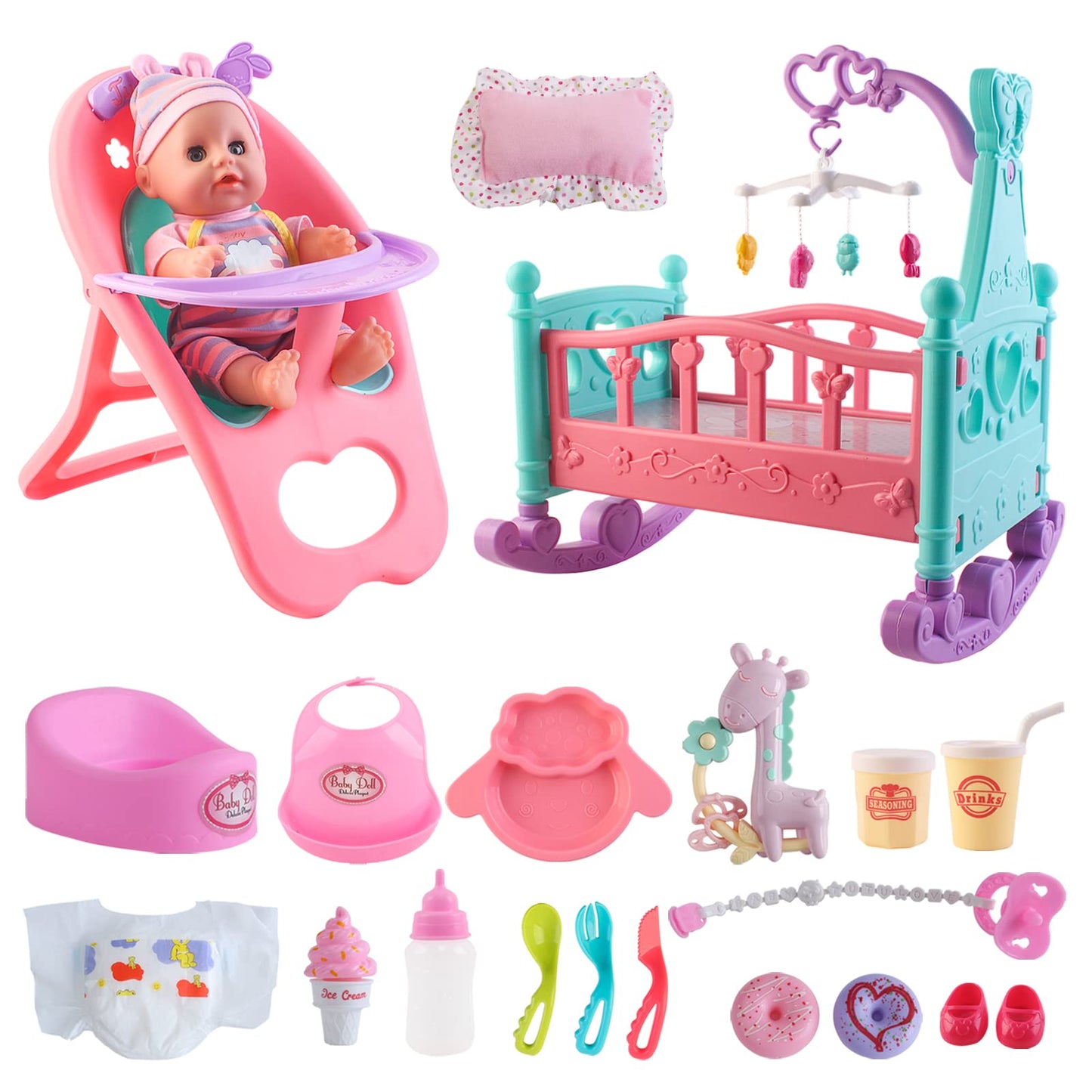 deAO 12” Baby Doll Play Set with Crib, Mobile & Feeding Accessories – 21 PCS