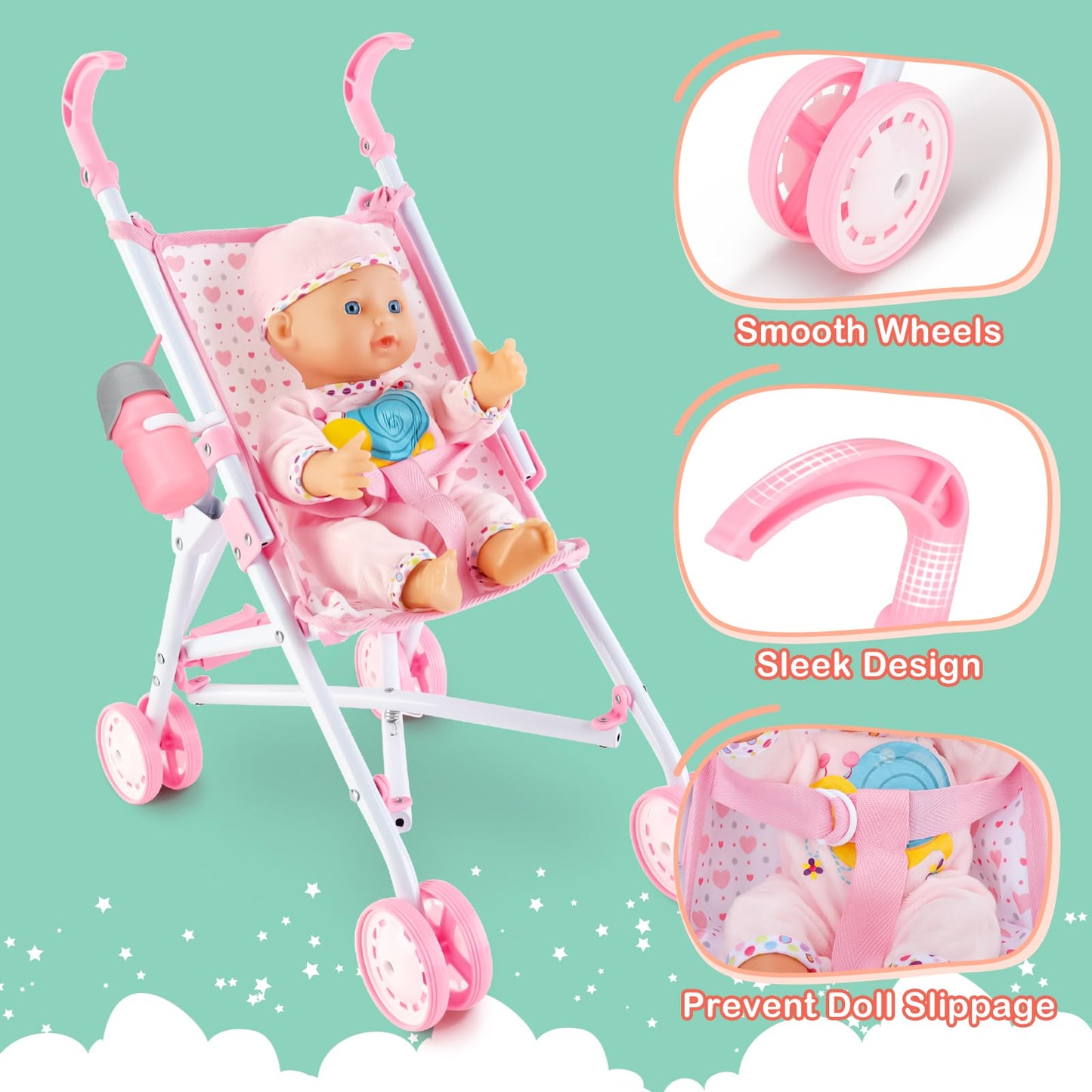 deAO Baby Doll Stroller Set with 13-Inch Doll, Foldable Stroller, 18 Accessories & 2 Doll Clothes