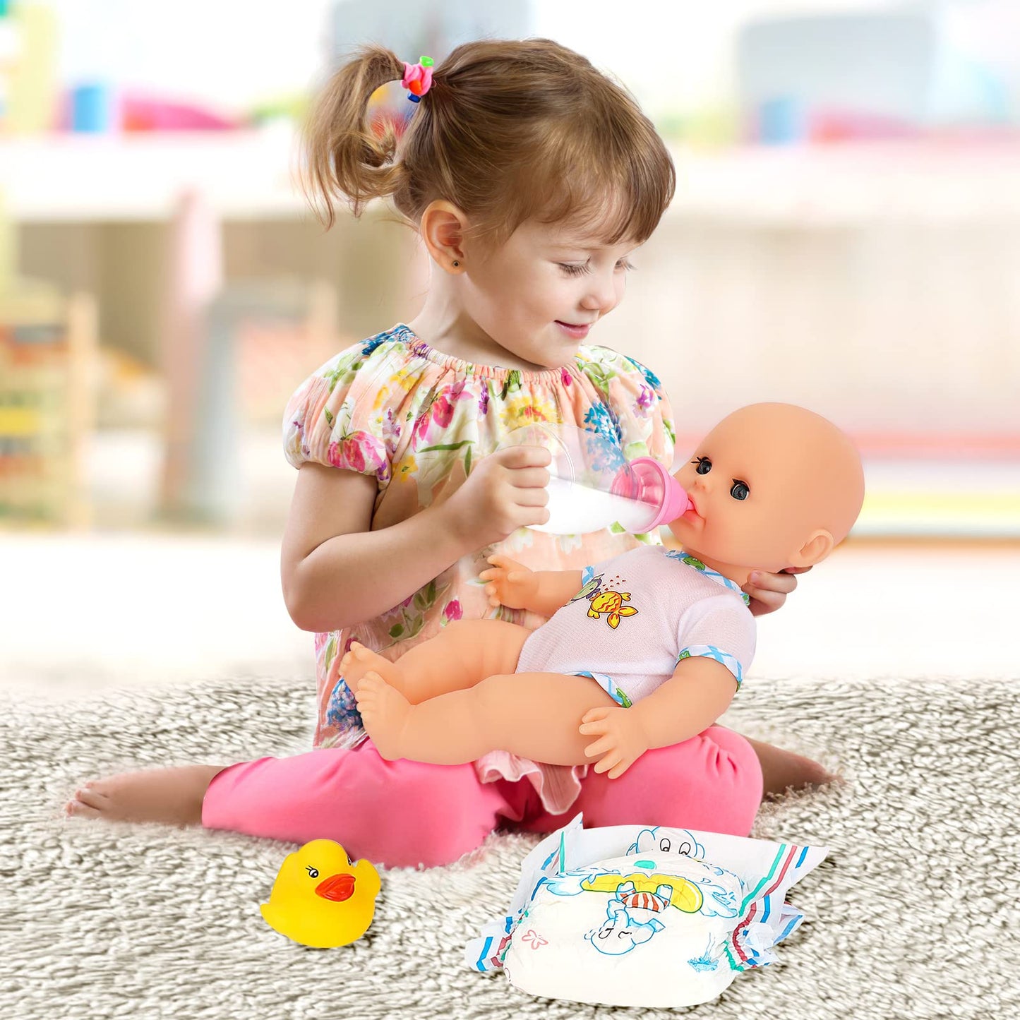 deAO Baby Doll Bath Set with Bathtub – 13” Doll, Detachable Shower Spray, 11‑Piece Bath Toy Gift for 3+