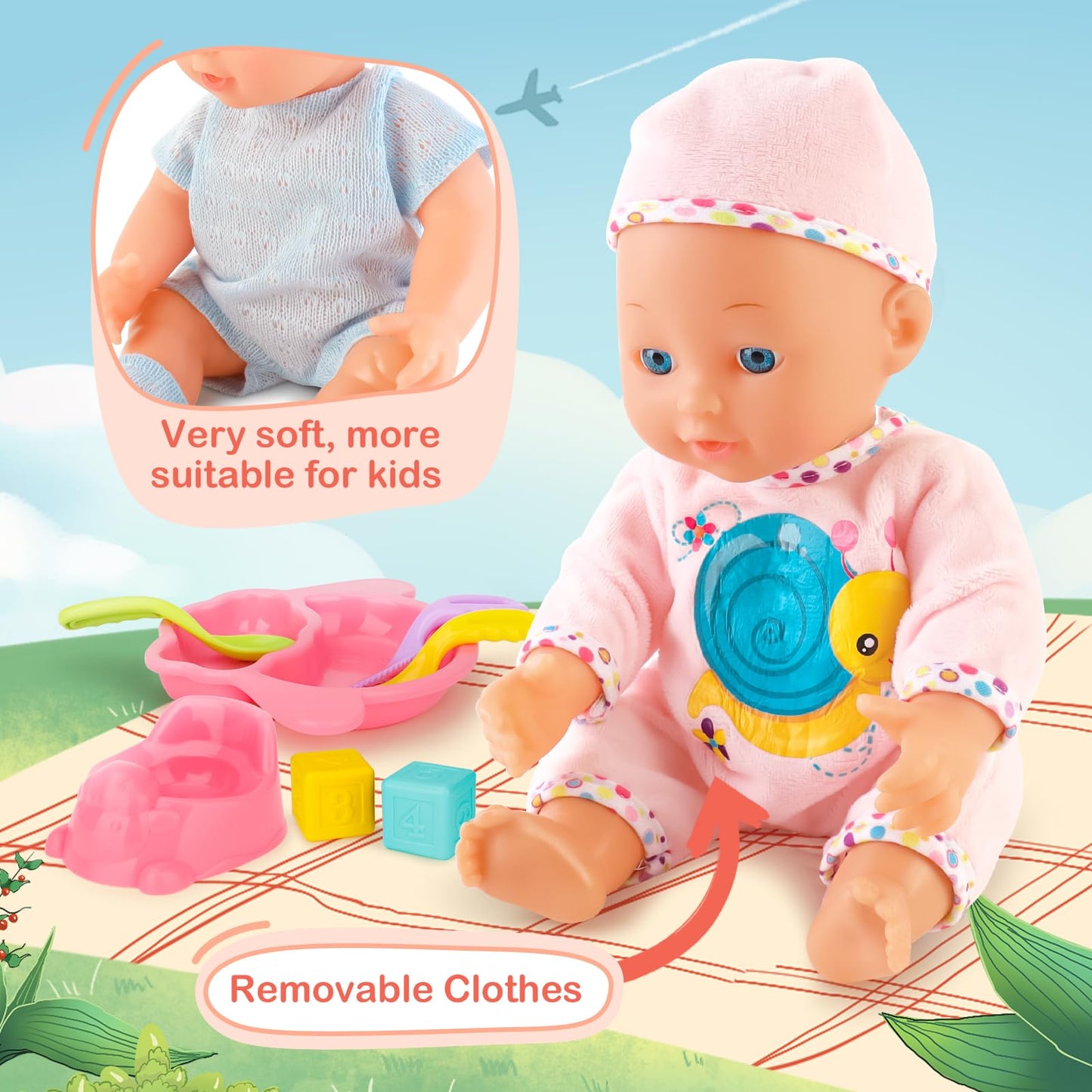 deAO Baby Doll Stroller Set with 13-Inch Doll, Foldable Stroller, 18 Accessories & 2 Doll Clothes