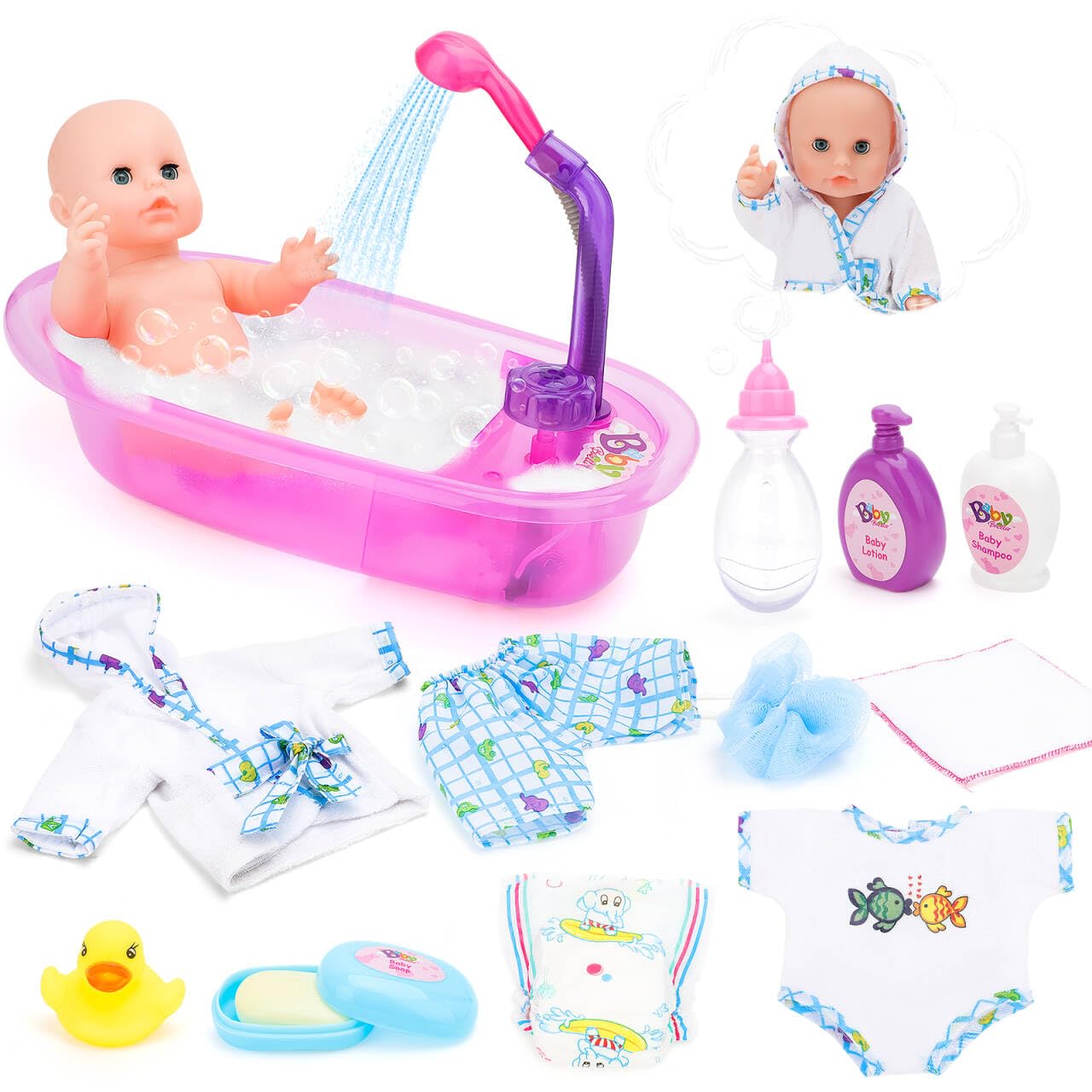 deAO Baby Doll Bath Set – 13-Inch Doll with Working Shower & Accessories